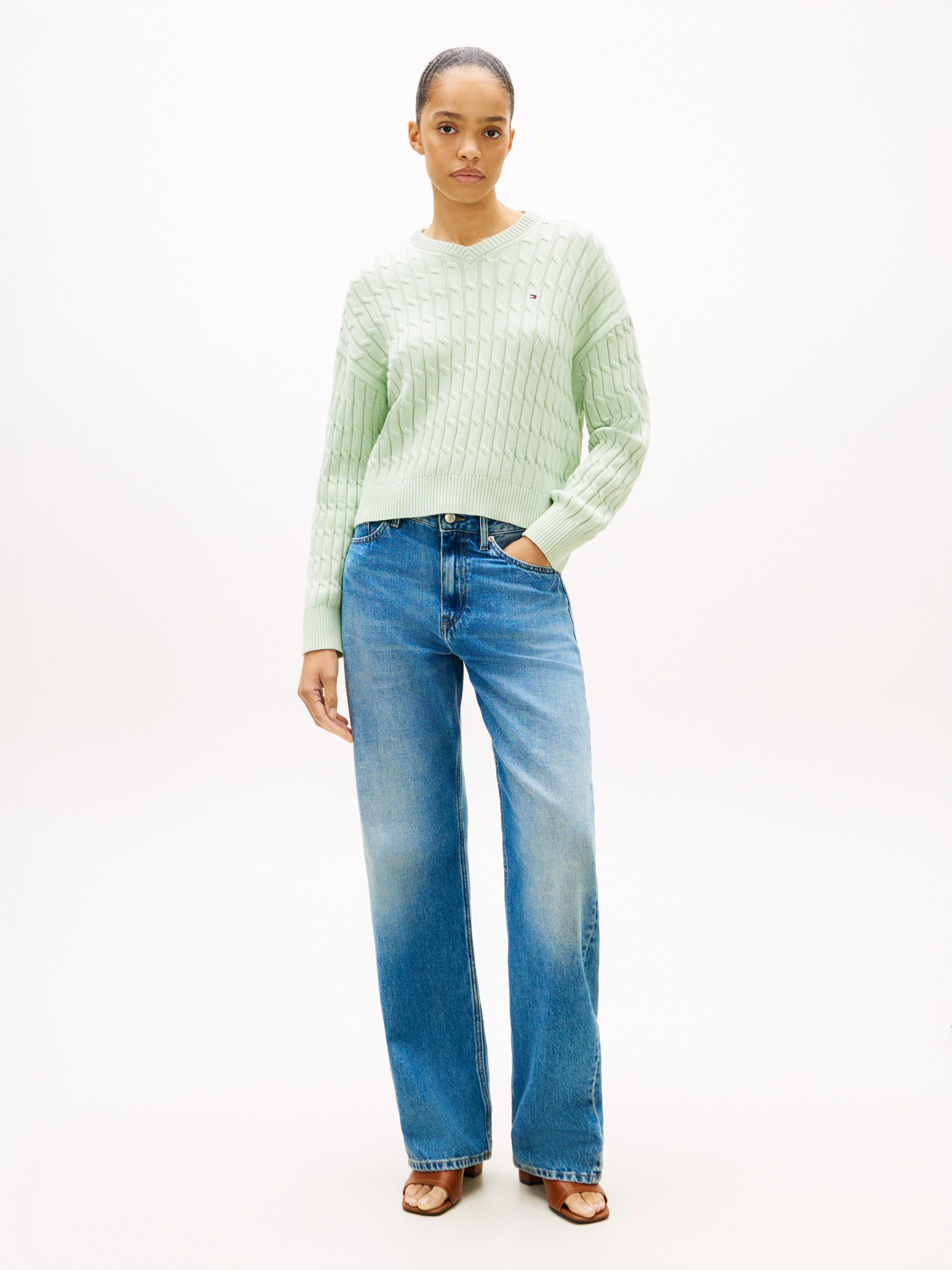 Tommy Hilfiger Strickpullover CO CABLE MID GG RLX LS V-NK SWT mit Zopfmuster