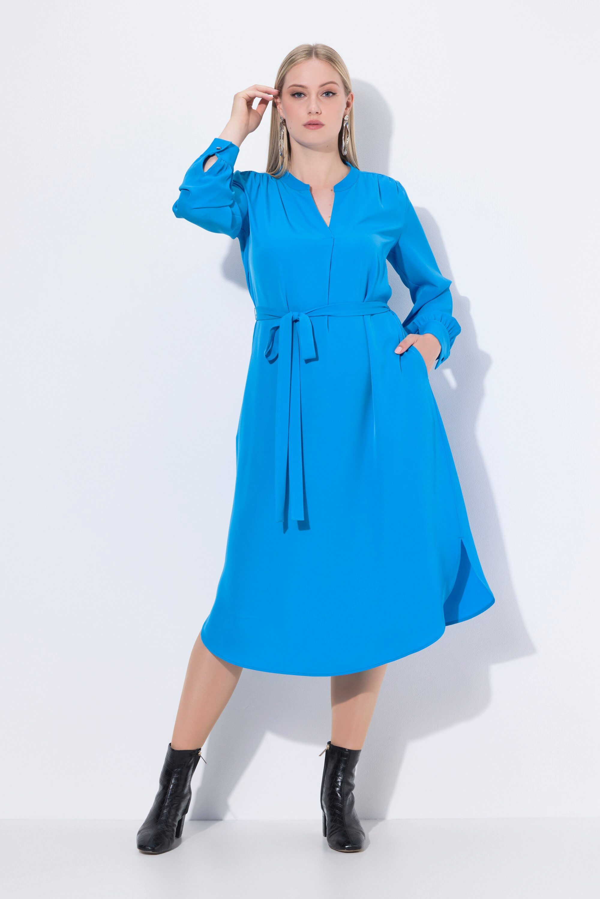 Ulla Popken Midikleid Midikleid V-Ausschnitt Bindegürtel günstig online kaufen