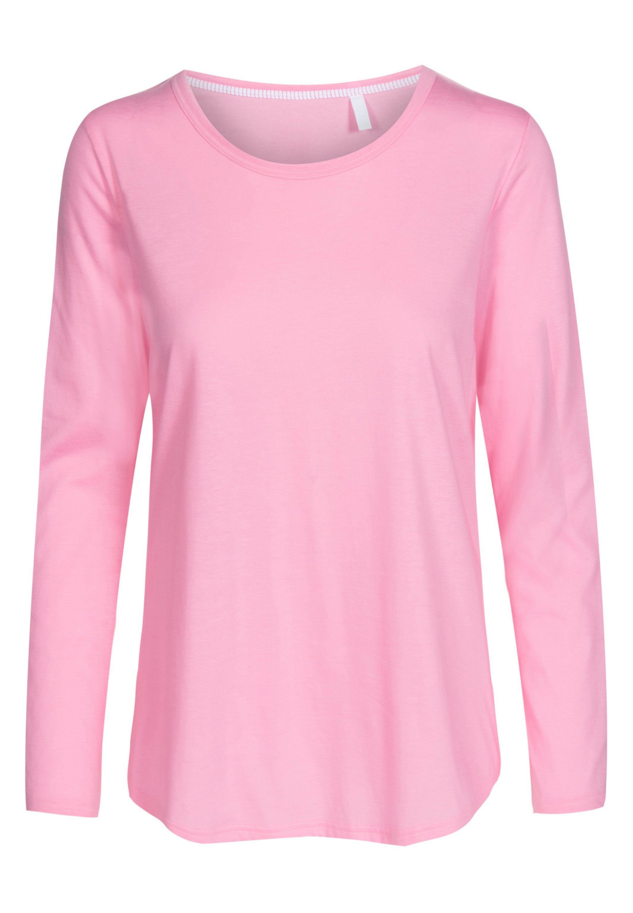 Rösch Pyjamaoberteil Basic Schlafanzug langarm Shirt (1-tlg) - - verarbeitet Pink Aurora Hochwertig Baumwolle