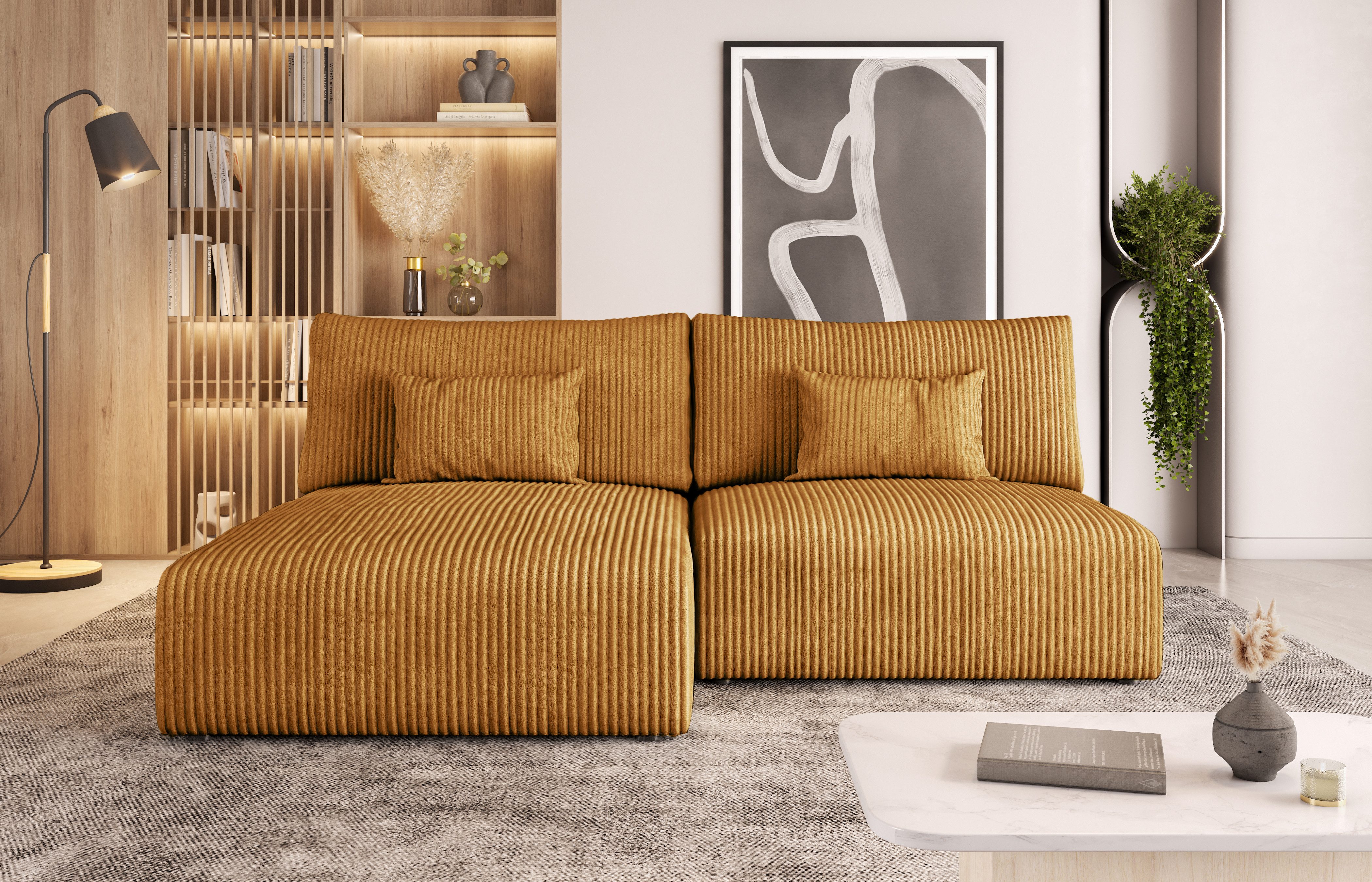 thematys Sofa Modulo Ecksofa L-Form 3 Sitzplätze mit Schlaffunktion, und Bettkasten Cordstoff Poso modern für Wohnzimmer
