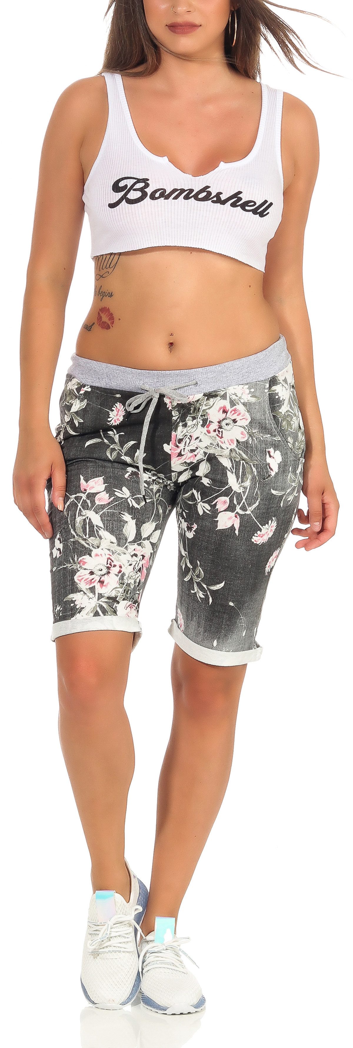 CLEO STYLE Sweatbermudas Sweat Bermuda 9 Schwarz / Blume 1 günstig online kaufen