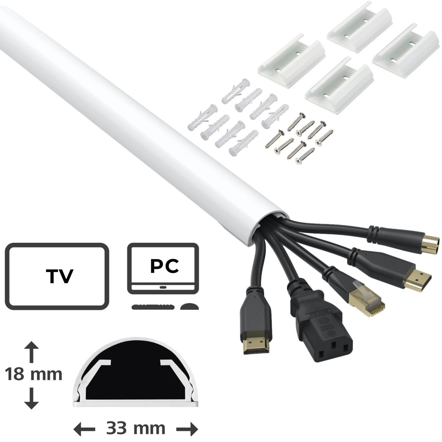 Hama Kabelkanal ALU Kabelkanal Kabel-Leiste Fußbodenkanal Weiß (Set, Kabelkanal mit Zubehör), Kabelkanal halbrund Sockel Wand Boden Aufputz TV Beamer PC Audio HiFi