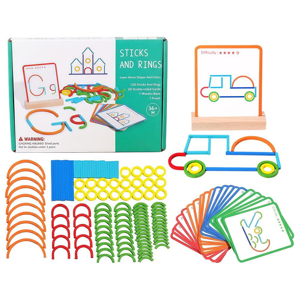 Zaewry Lernspielzeug Holzstäbe- und Ring-Bauspiel als Puzzle,Montessori-Spielzeug, Formanpassungs-Spiel, Tangram für Kinder, Konzentrationsspiele