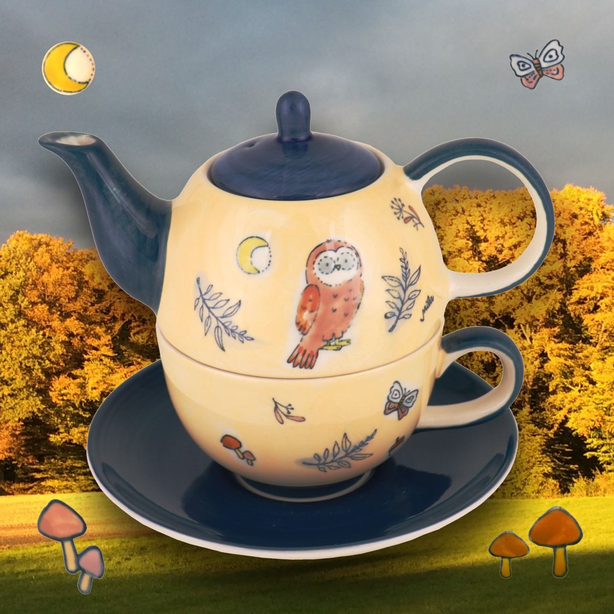 Mila Teekanne Mila Keramik Tee-Set Tea for One Herbst-Eule, 0.4 l, (Set, Tee-Set)