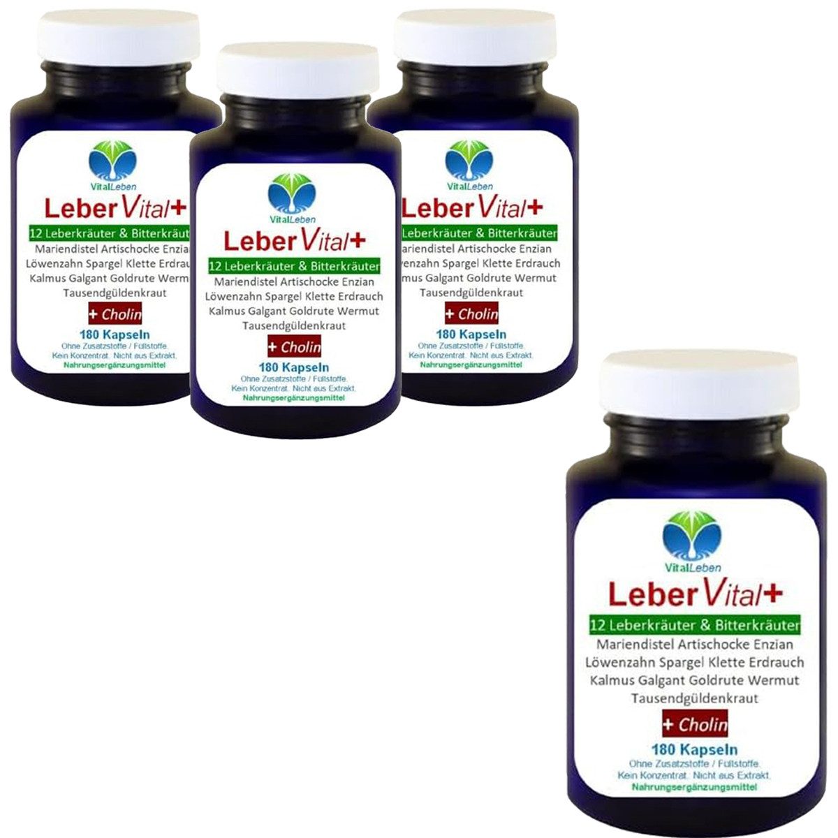 VitalLeben LEBER Vital Komplex 12 Kräuter & Bitterstoffe + CHOLIN Kapseln, 4 er Dose à 180 St., 345,6 g, Art. 26454-720