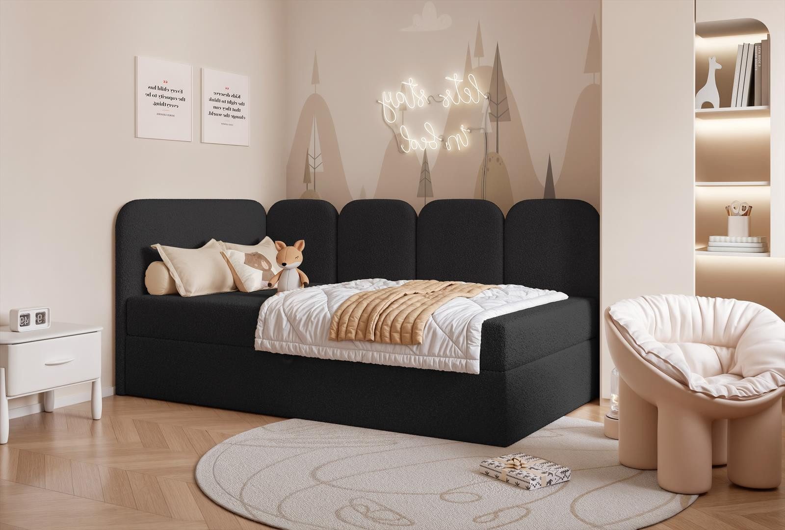 Compleo Boxspringbett Jugendbett DREAMY, Polsterbett mit Bettkasten, 80/90/100/120x200, Kopfteil links oder rechts, Boucle oder Velvet