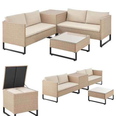 Juskys Gartenlounge-Set Santorini, (4-tlg), Polyrattan Sitzgruppe mit Beistelltisch & Auflagenbox, wetterfest