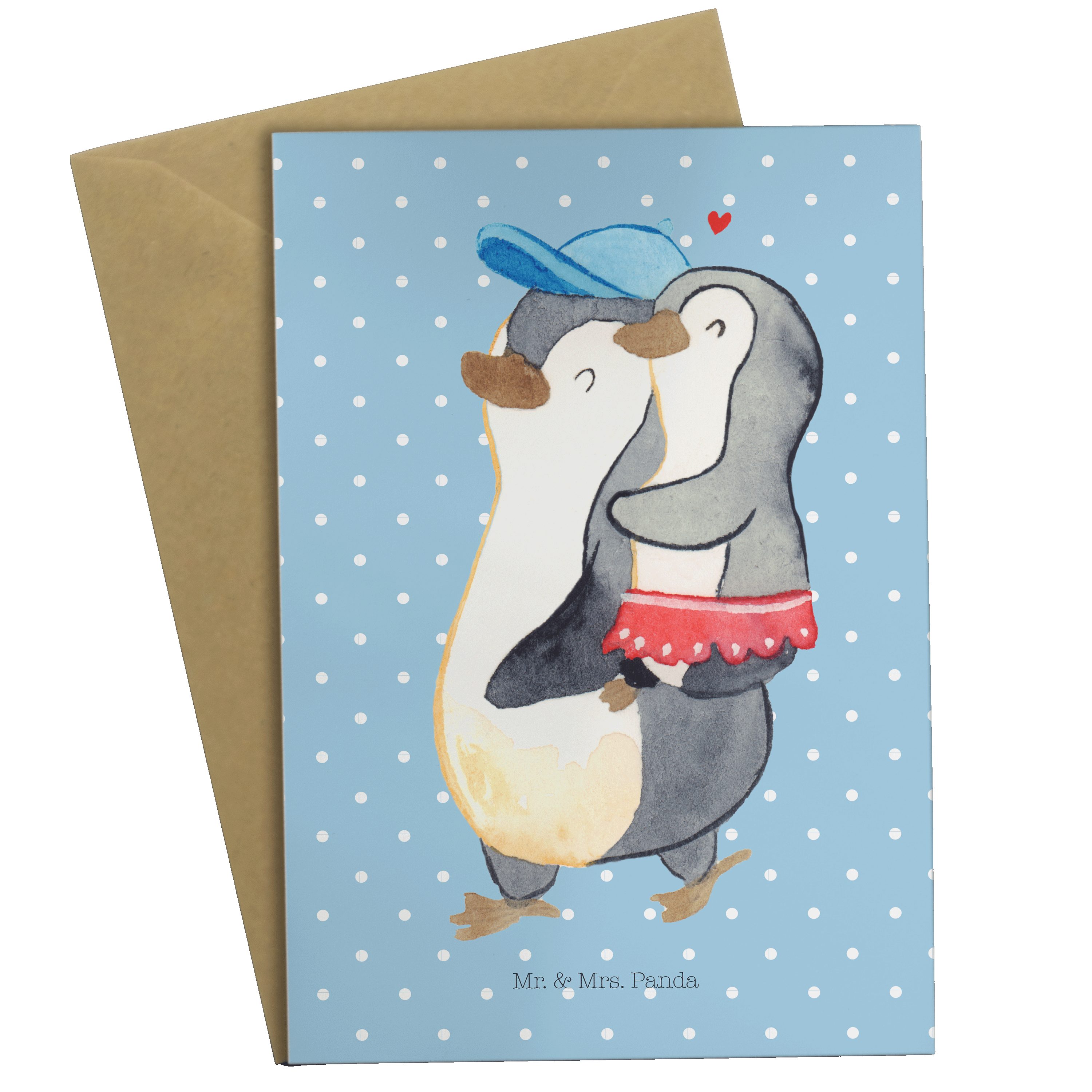 Mr. & Mrs. Panda Grußkarte Pinguin Kleine Schwester - Blau Pastell - Geschenk, Klappkarte, Hochz