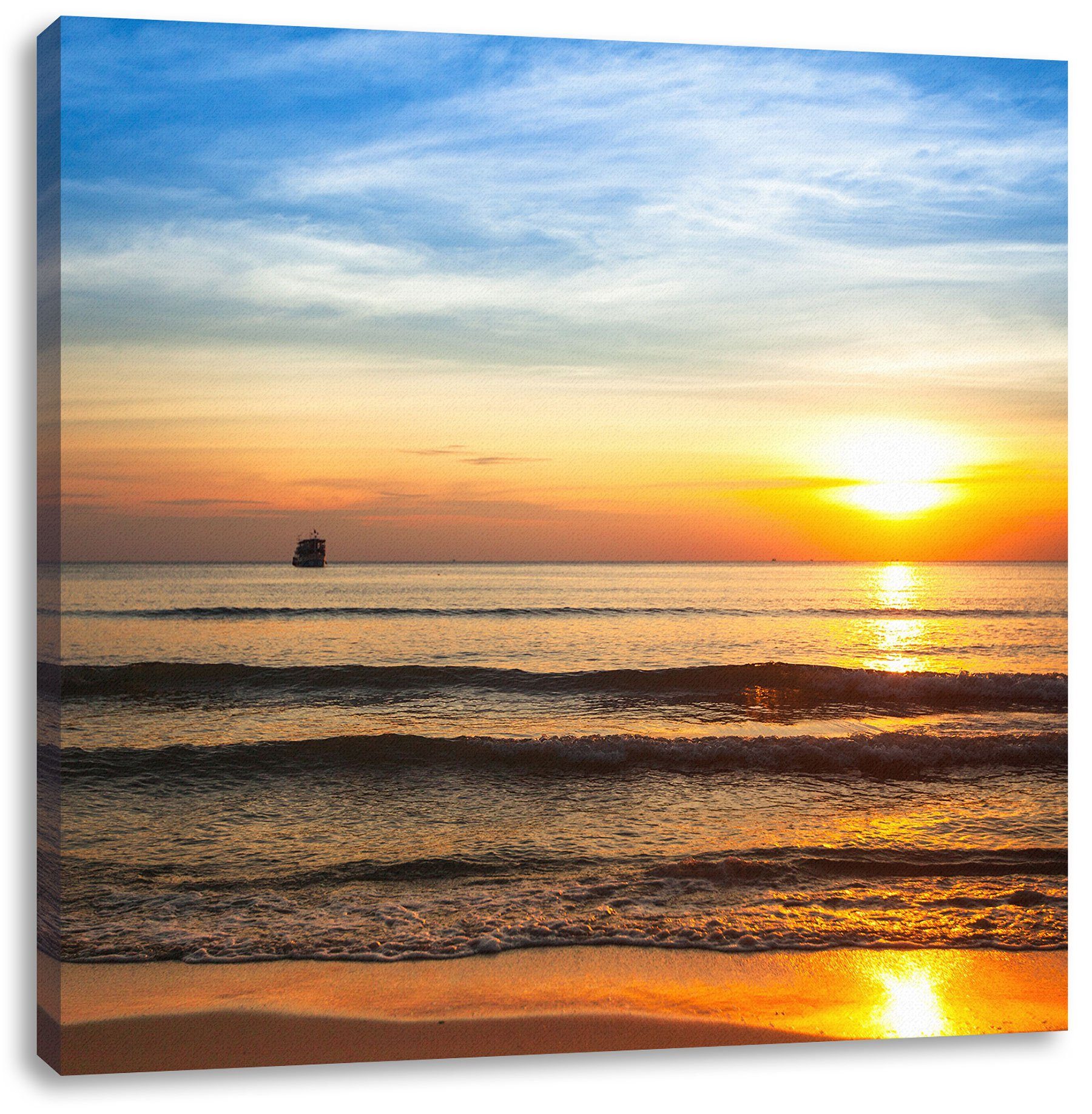 Pixxprint Leinwandbild (1 wunderschön, wunderschön Sonnenuntergang Strand bespannt, Sonnenuntergang Zackenaufhänger inkl. fertig Strand Leinwandbild St)