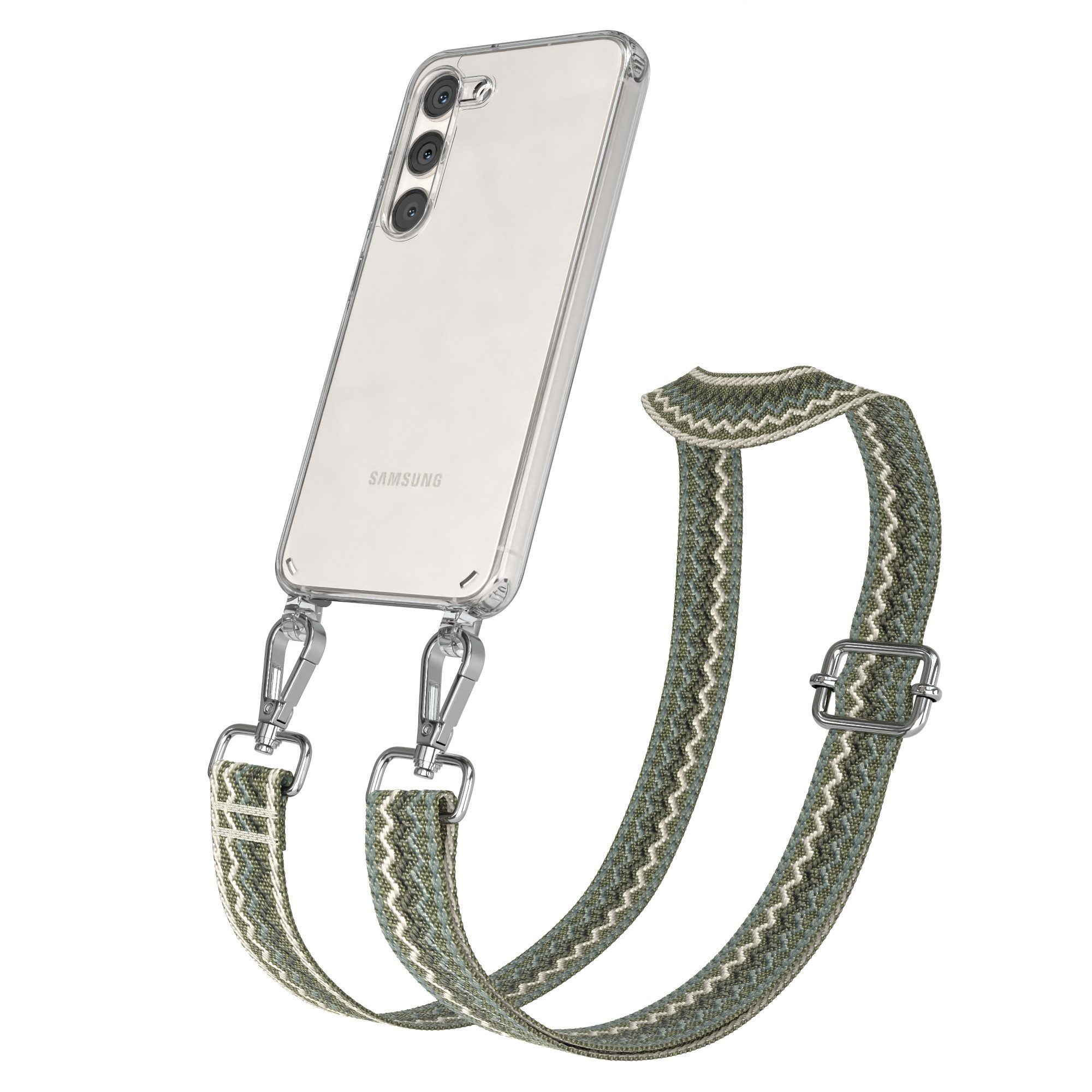 EAZY CASE Handykette Boho Umhängeband für Samsung Galaxy S23 6,1 Zoll, Verstellbarer Trageriemen Wave Case transparent DIY Gürteltasche Grün