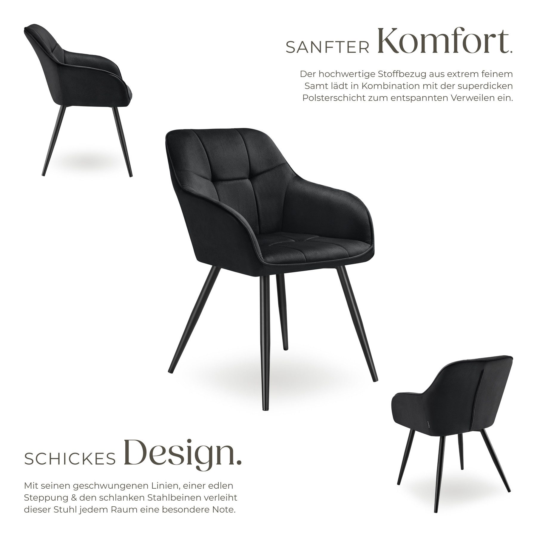 tectake Esszimmerstuhl Polstersessel gepolstert, in Samtoptik, gesteppt, 58 x 62 x 82 cm (Küchenstuhl Marilyn in schwarz/schwarz, 1 St), durchgehende Lehne, Stahlbeine, bodenschonend, Belastbarkeit 120 kg
