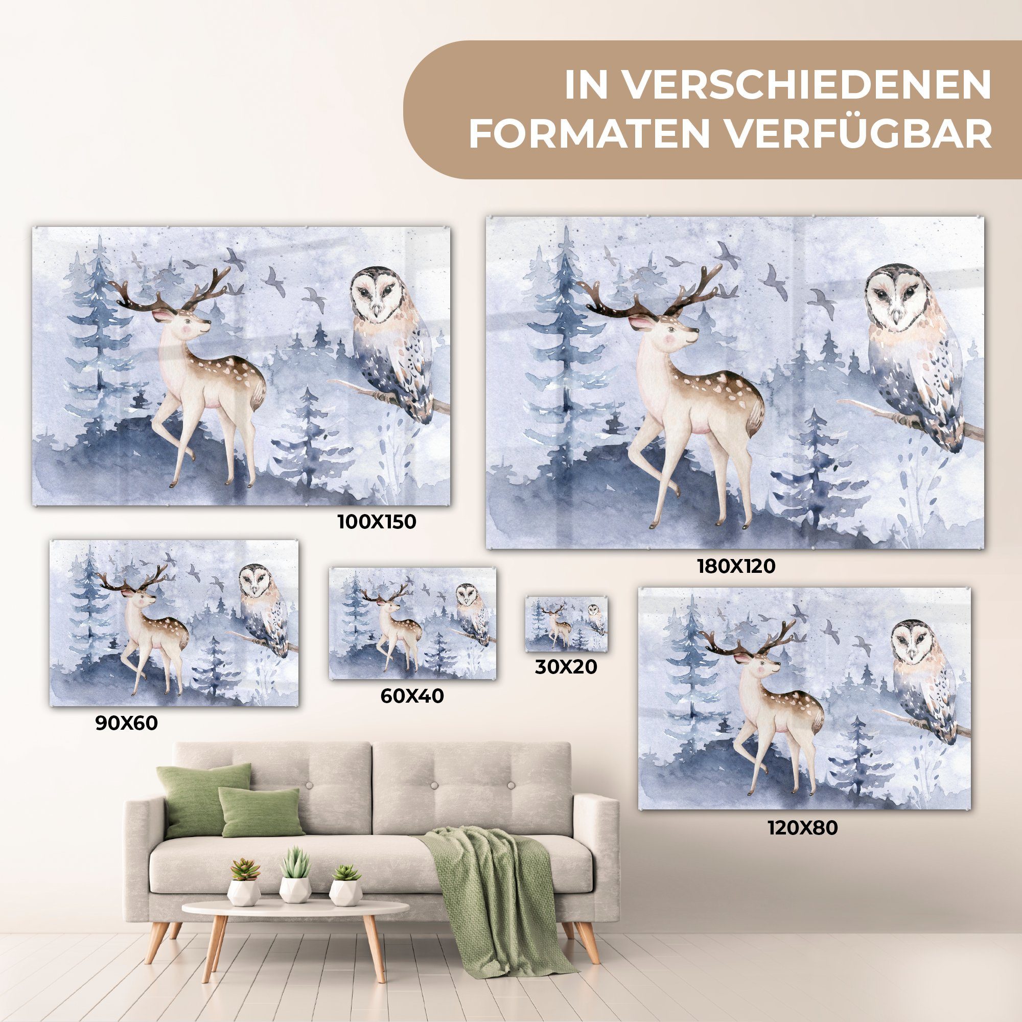 MuchoWow Acrylglasbild Winter - Schlafzimmer - St), Hirsch, Wohnzimmer Wald - Acrylglasbilder Eule (1 &