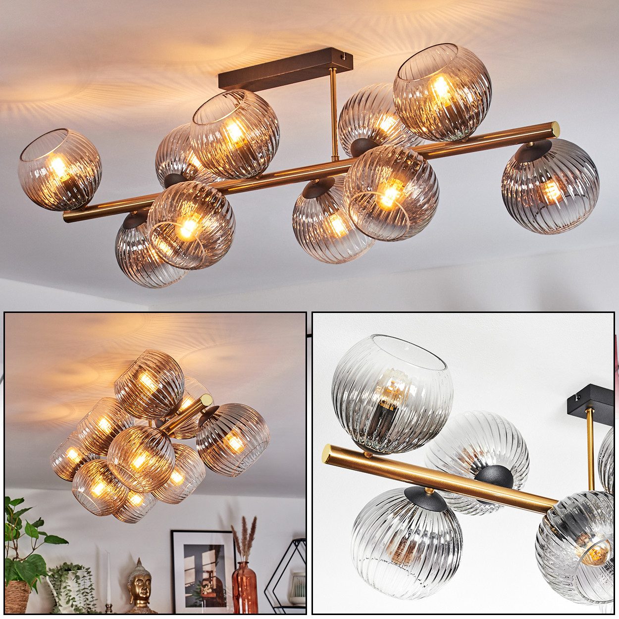 hofstein Deckenleuchte Deckenlampe aus Metall/Glas in Schwarz/Gold/Rauch/Klar, ohne Leuchtmittel, moderne Deckenleuchte im Retro/Vintage-Design (Schirme 15cm), 10xE14