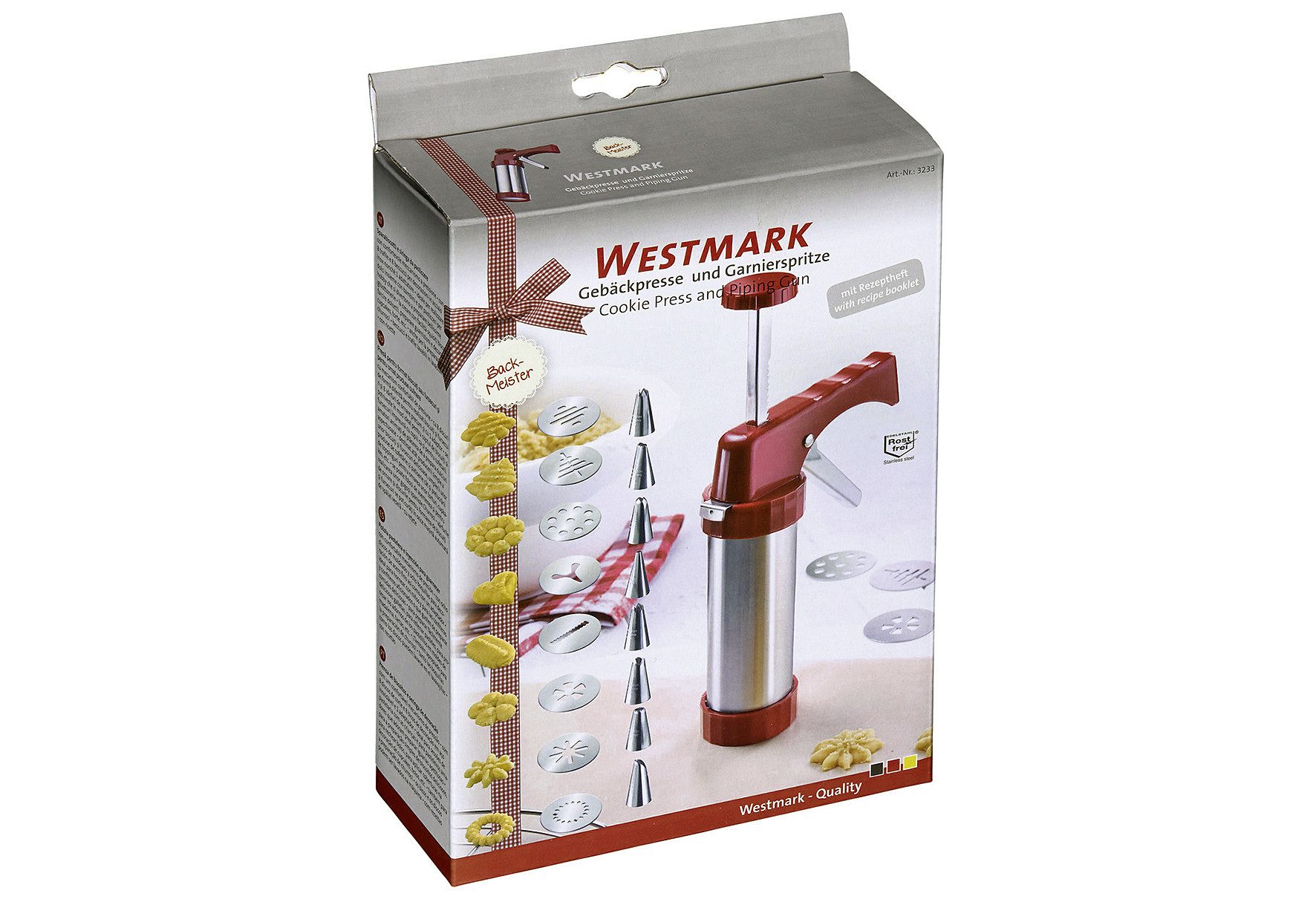 WESTMARK Gebäckpresse, Klassische Edelstahl-Gebäckpresse mit 8 Formscheiben und 8 Formtüllen