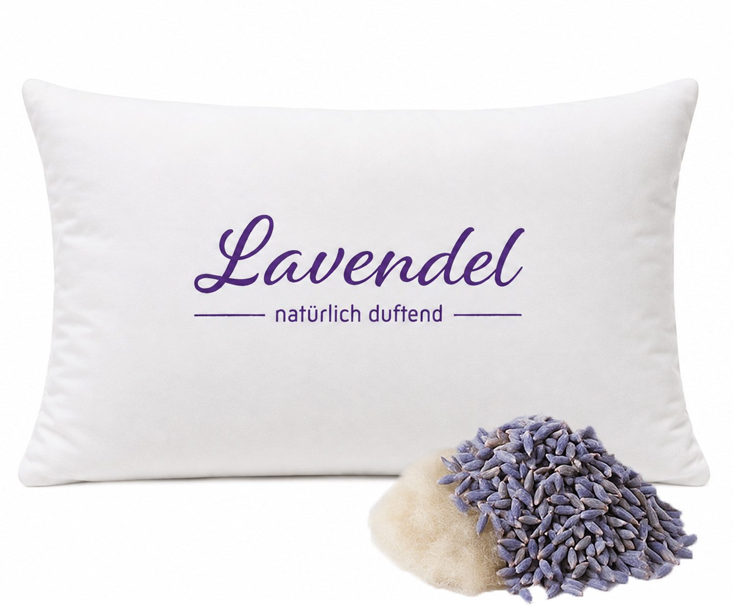 Heubergshop Lavendelkissen, 30x20cm Gefüllt mit Lavendelblüten + Schafschurwolle (mit Schriftzug)