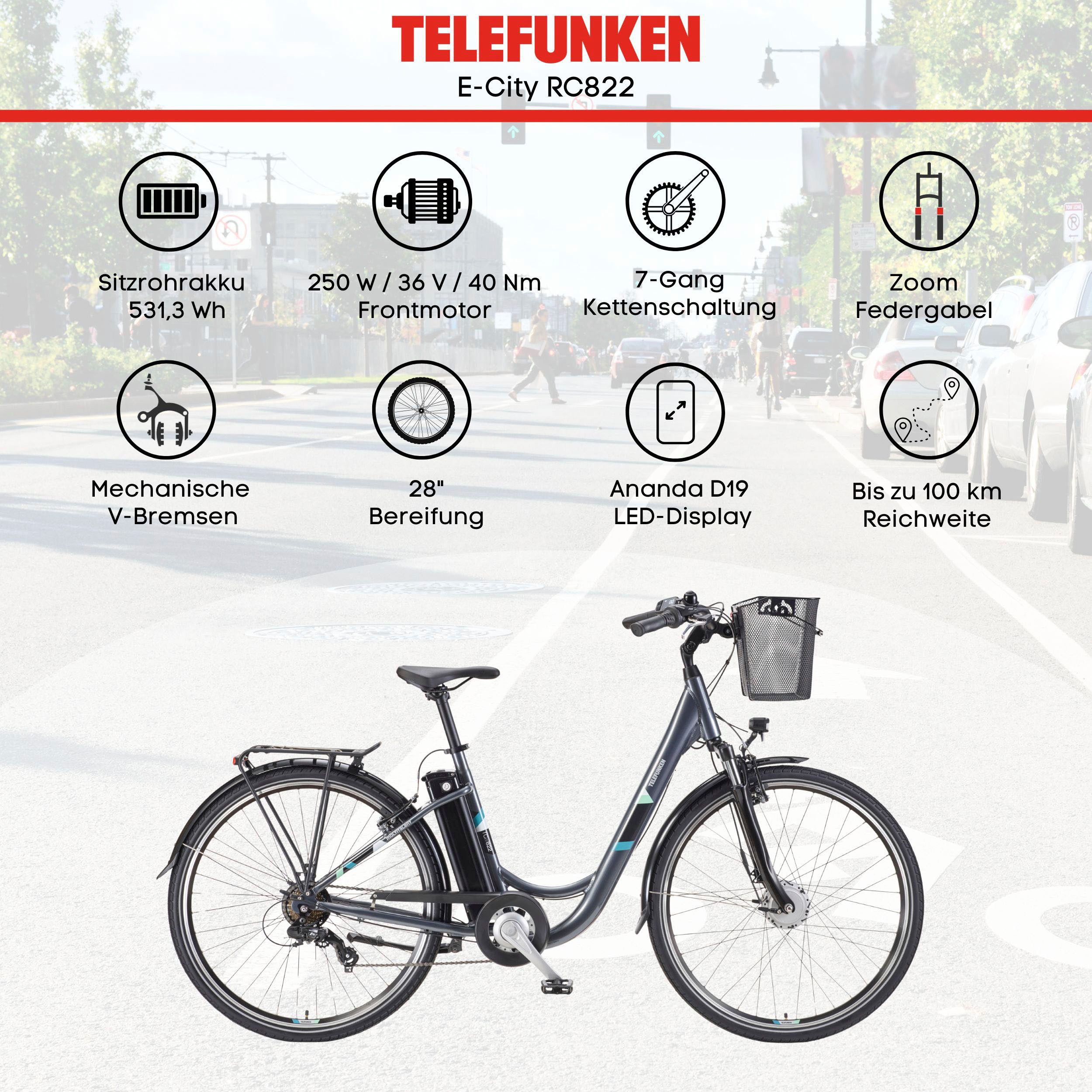 Telefunken E-Bike Cityrad Multitalent RC822, 7 Gang Shimano Tourney Schaltwerk, Kettenschaltung, Frontmotor, 531,3 Wh, (2 V-Bremsen, Beleuchtung, Straßenzulassung, ca. 100 km Reichweite), Elektrofahrrad, Damen Herren, 28 Zoll, 36,9 V, 531,3 Wh Akku, Pedelec