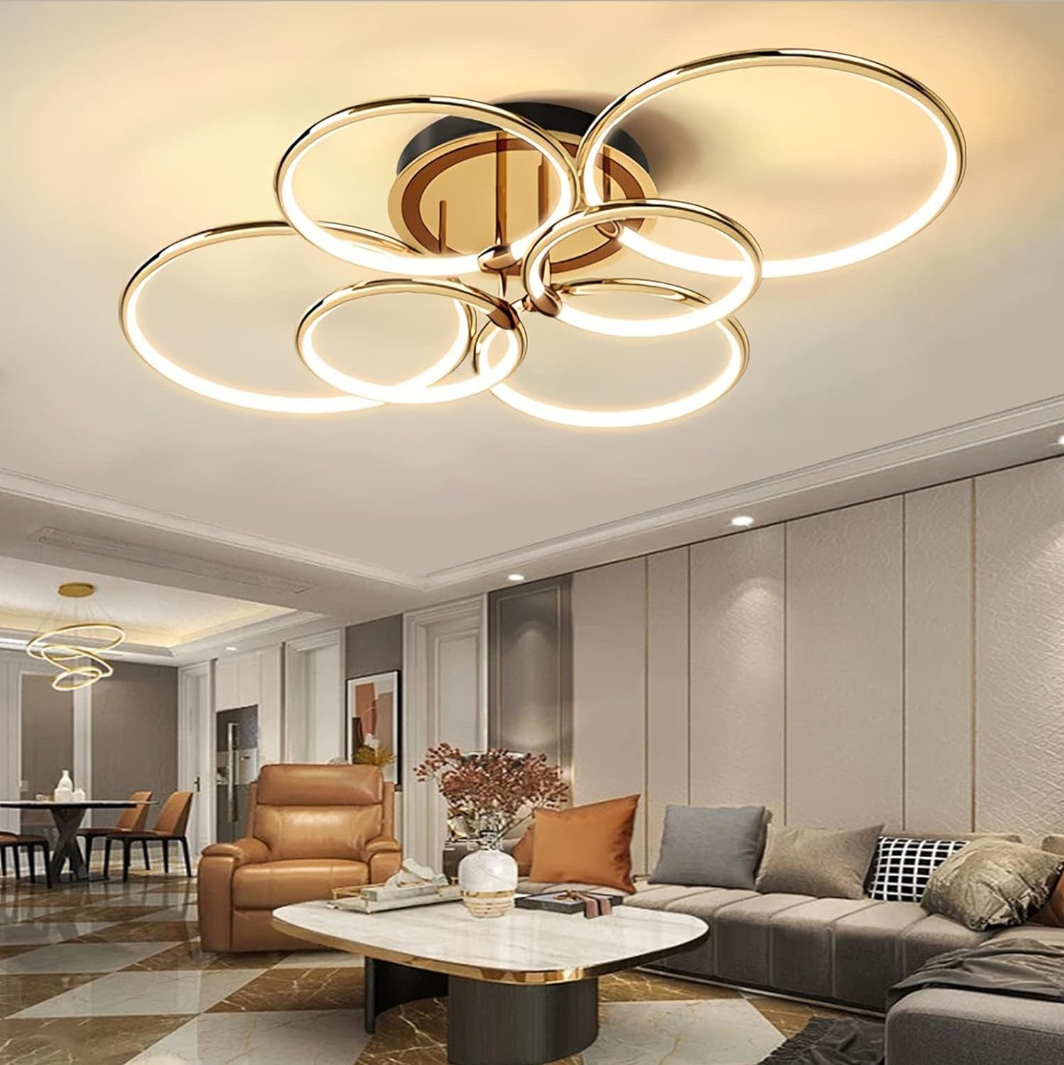 ZEUOPQ Deckenleuchten Deckenlampen 6 Ring Design Beleuchtung, Dimmbar drei Farbtemperaturen, mit Fernsteuerung, LED fest integriert, Warmes Licht, Natürliches Licht, Weißes Licht, 6 Köpfe, 3 Modi Lichtfarben, Montiert: 96cm Durchmesser 39cm hoch