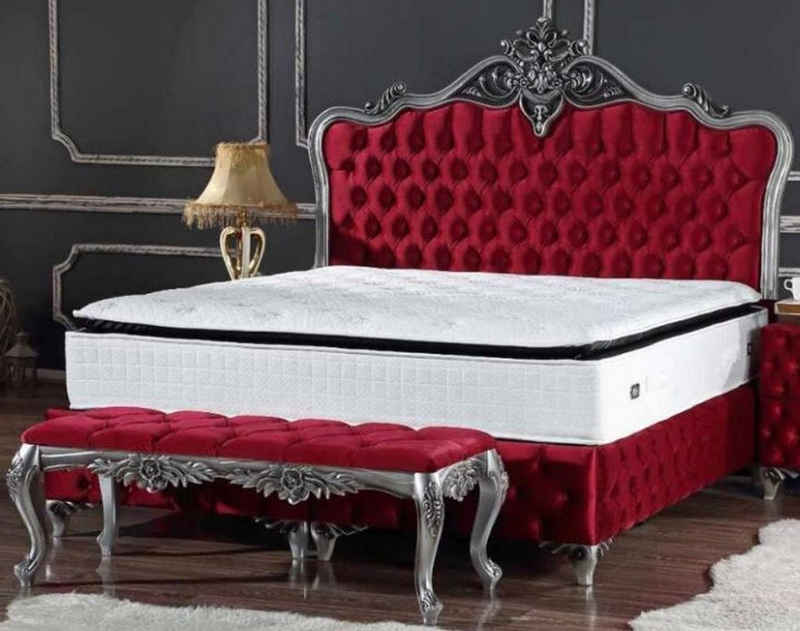 Casa Padrino Bett Doppelbett Bordeauxrot / Silber - Prunkvolles Bett mit Matratze - Möbel