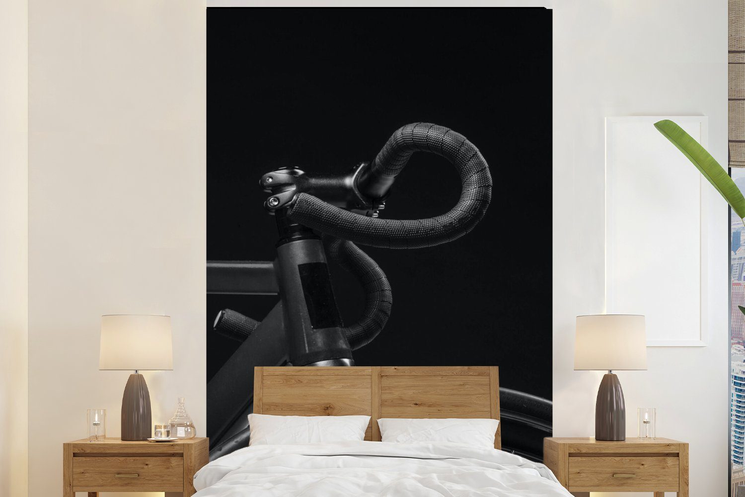 MuchoWow Fototapete Fahrrad - Lenker - Schwarz - Weiß, Matt, bedruckt, Montagefertig Vinyl Tapete, Wandtapete, 145x220 cm