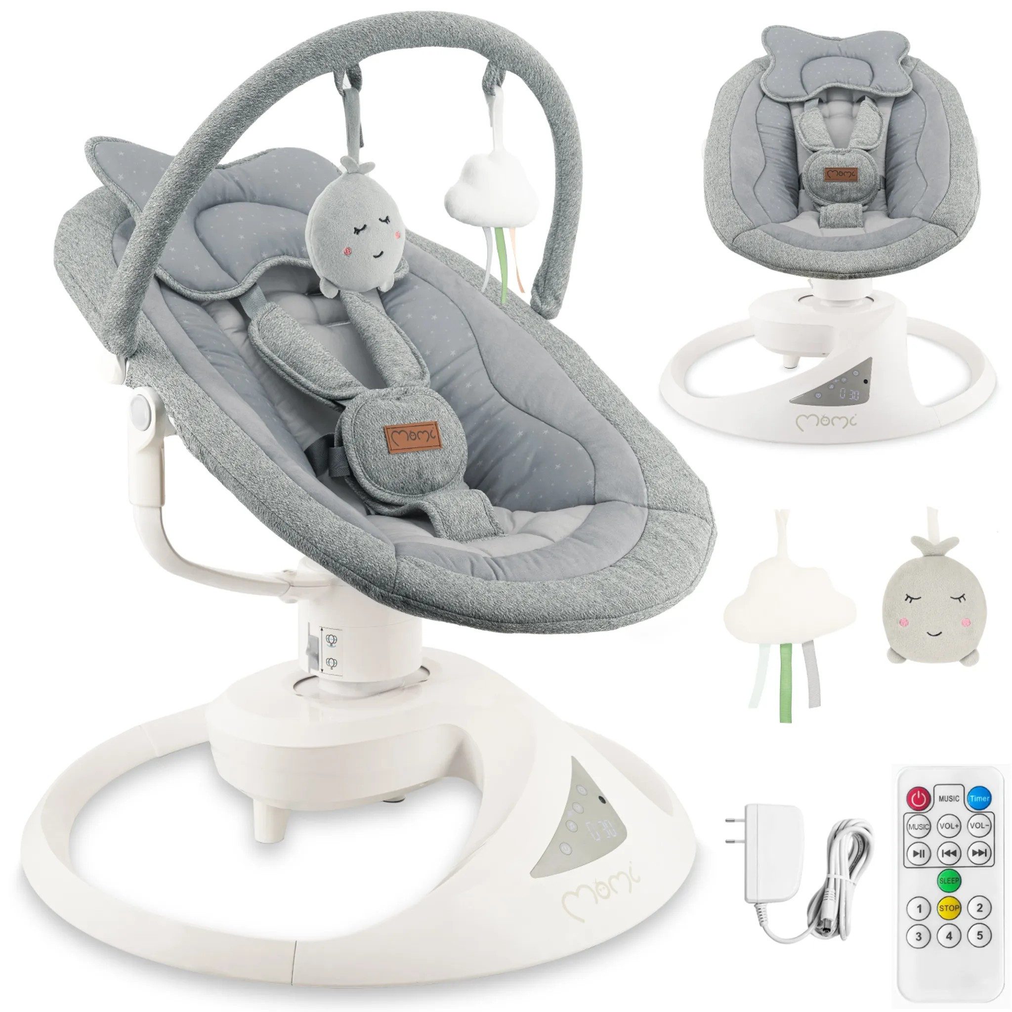 MoMi Babyschaukel PEARL Babywippe mit Bluetooth, 360° Sitzdrehung, 2 Modi in Beige, elektrisch, Bluetooth, 360° drehbarer Sitz, 2 Schaukelmodi