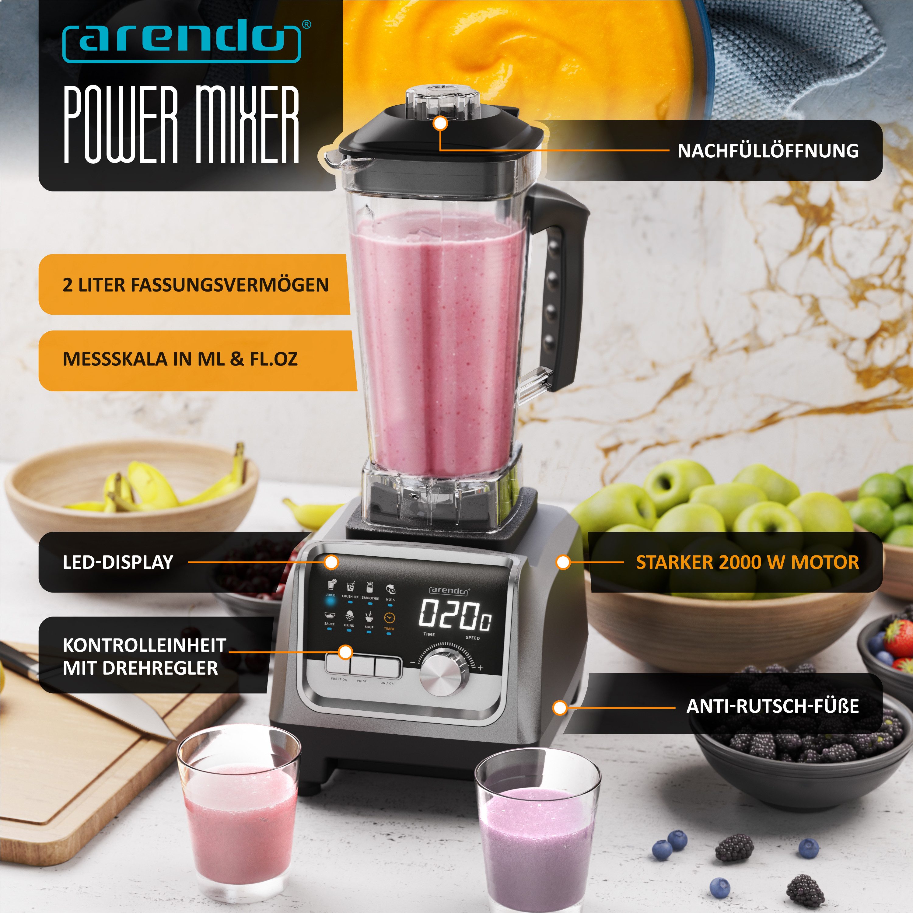 Arendo Standmixer Edelstahl Hochleistungsmixer 2000W, Display, 9 Geschwindigkeitsstufen, 2000 W, 2L Behälter, 7 Programme, Timer & Pulse-Funktion für Smoothies & Eis