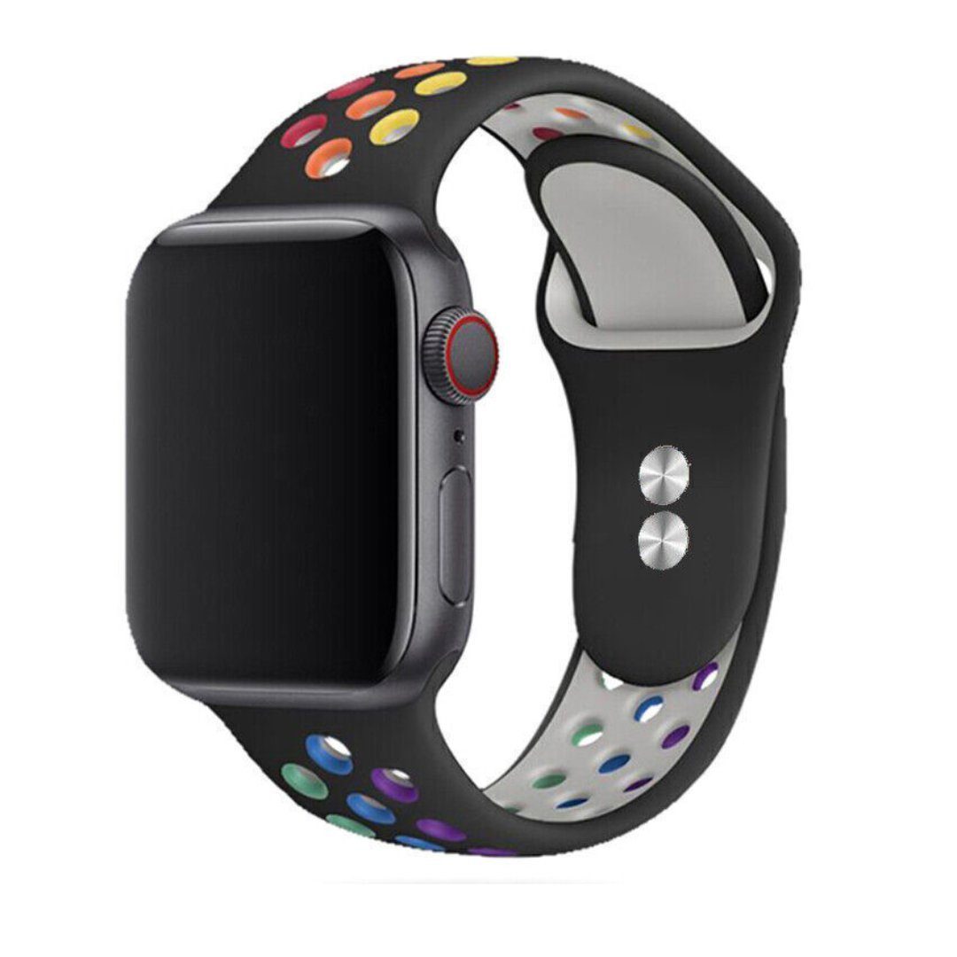 SmartUP Uhrenarmband Sport Silikon Armband für Apple Watch 1/2/3/4/5/6/7/8 SE Ultra, Sportband 38/40/41mm 42/44/45/49mm, Silikon Ersatz Armband #13 Regenbogen Schwarz
