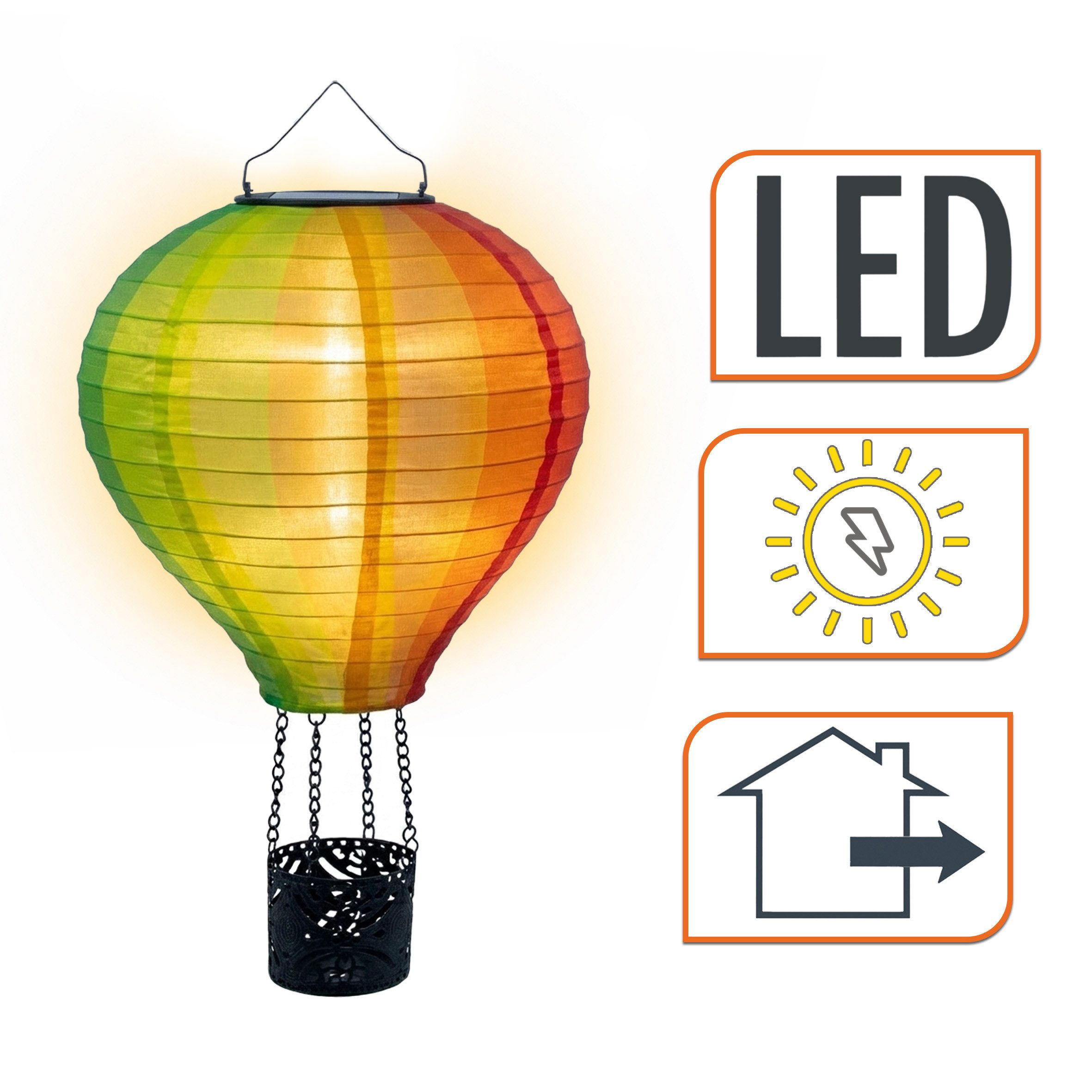 Spetebo LED Dekofigur Solar Heißluftballon aus Nylon bunt zum Hängen, Einschalten bei Dämmerung, LED fest integriert, orange (feuerfarben), mit Flammen Effekt