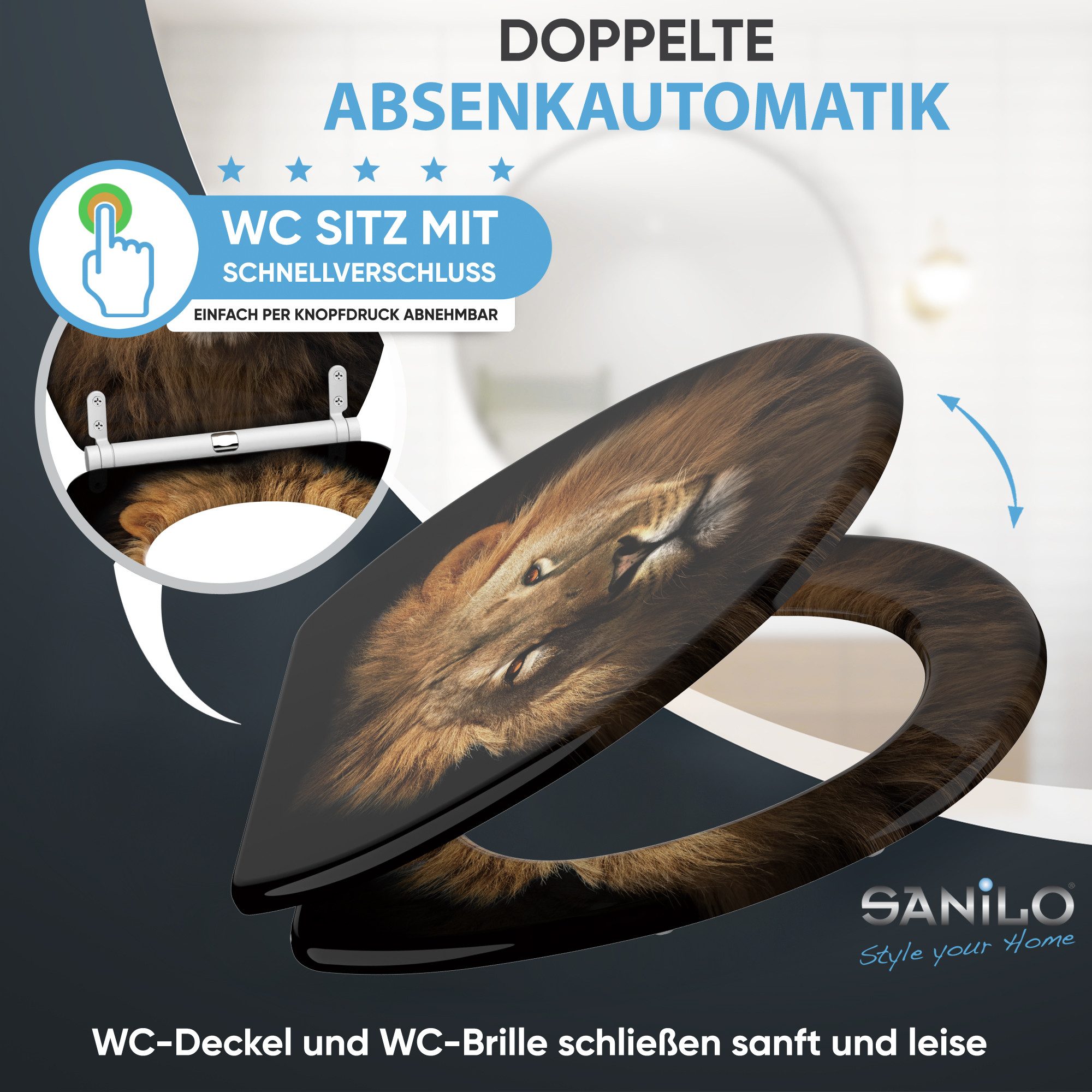 Sanilo WC-Sitz Löwe mit Absenkautomatik & Quick Release, Premium Toilettendeckel, abnehmbar, leichte Montage von oben
