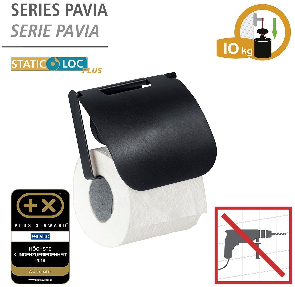 Befestigen WENKO Bohren mit Static-Loc® Toilettenpapierhalter Pavia, ohne Plus Deckel,