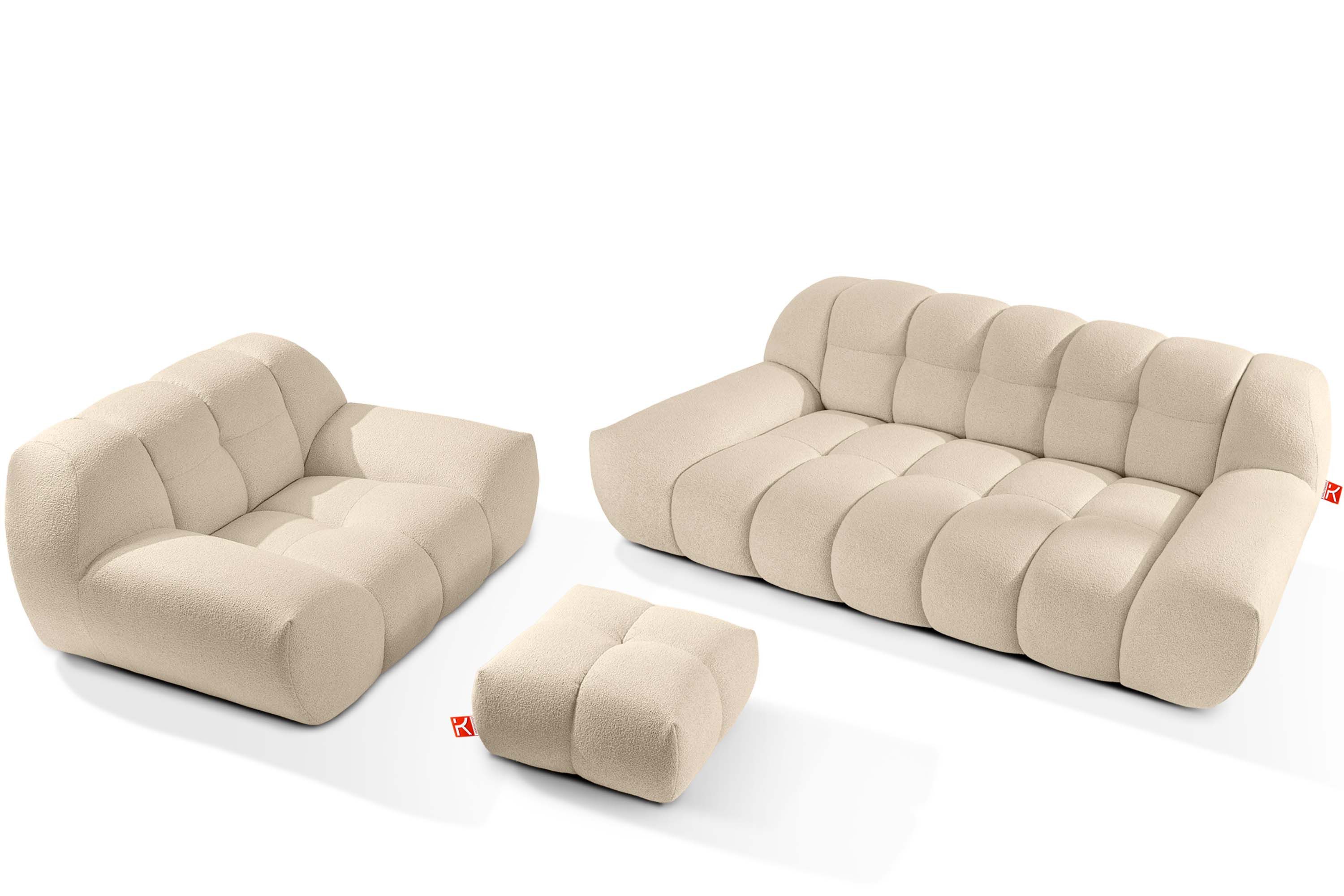 KONSIMO® Polstergarnitur VENA Couchgarnitur, Japandi, Premiumqualität aus EU, (3-tlg., 1x Sessel, 1x Hocker, 1x 2-Sitzer Sofa), handgefertigter Bubble-Effekt, organische Form, Bouclé