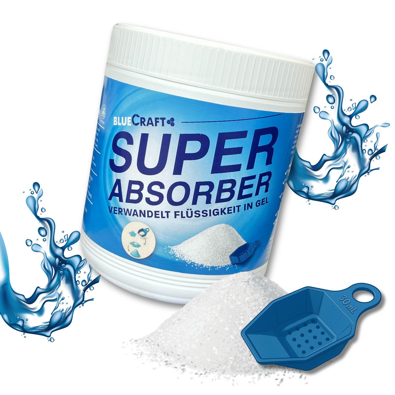 BlueCraft Campingtoilette Granulat Super Absorber 900g Bindemittel für Flüssigkeiten aller Art, (wie Wasser, Urin, Blut, Erbrochenes, Fäkalien, Öl uvm. Gelbinder Ideal), für Pflege, Camping, Haushalt, Werkstatt, Leckage, Wasserspeicher