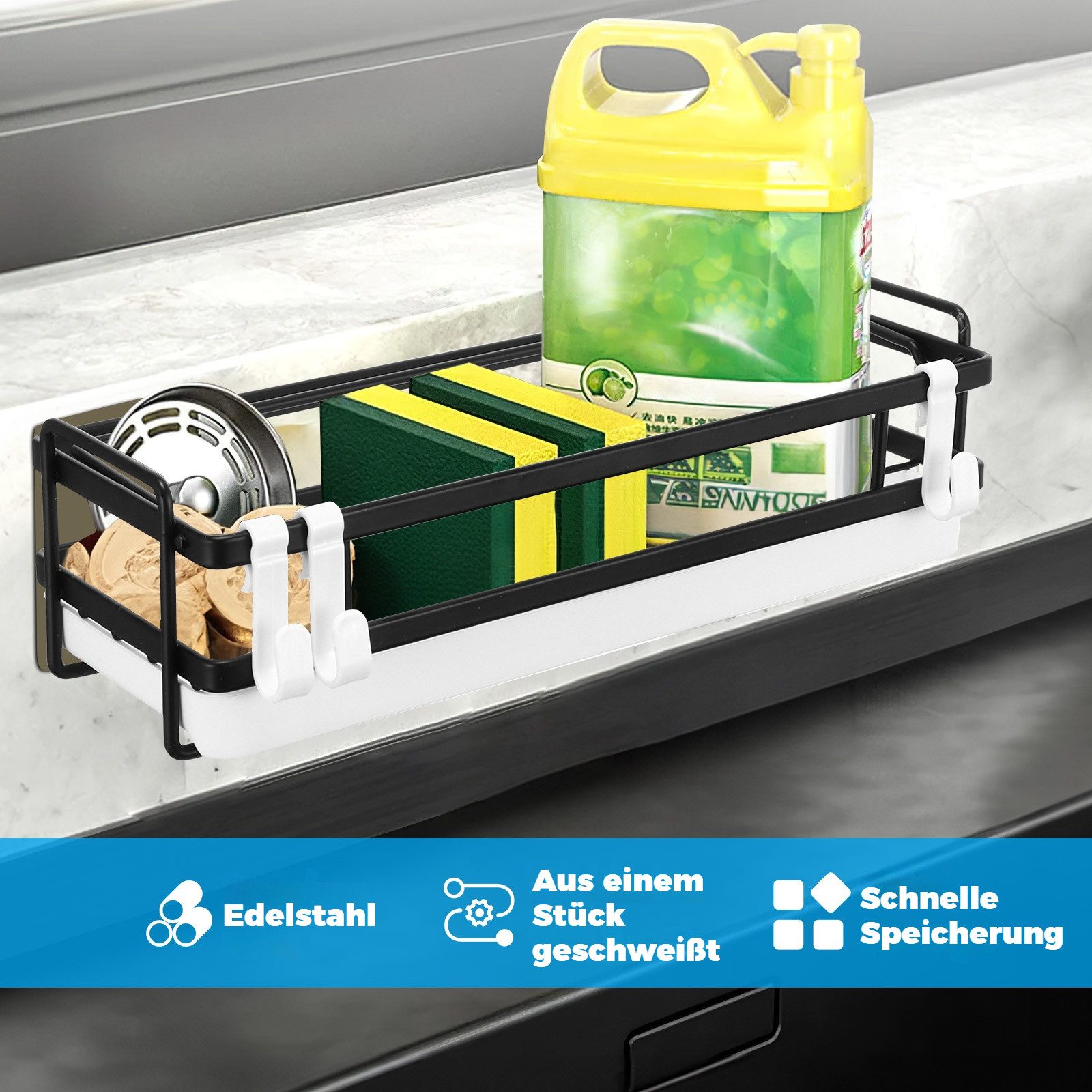 BlingBin Küchenorganizer-Set Hängend Spülbecken Organizer, Schwammhalter mit Spültuchhalter, (1er Set, 1-tlg., Größe: 25,7*9,5*7 cm/10,11*3,74*2,75 Zoll), Spüle Organizer mit Abflusspfanne für Abwasch, Spülmittel, Ohne Bohren
