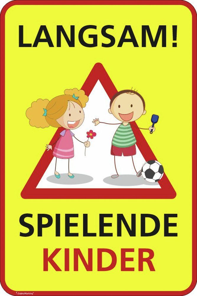 SafetyMarking Hinweisschild Hinweisschild für Gewerbe und Privat - LANGSAM ! - Spielende Kinder