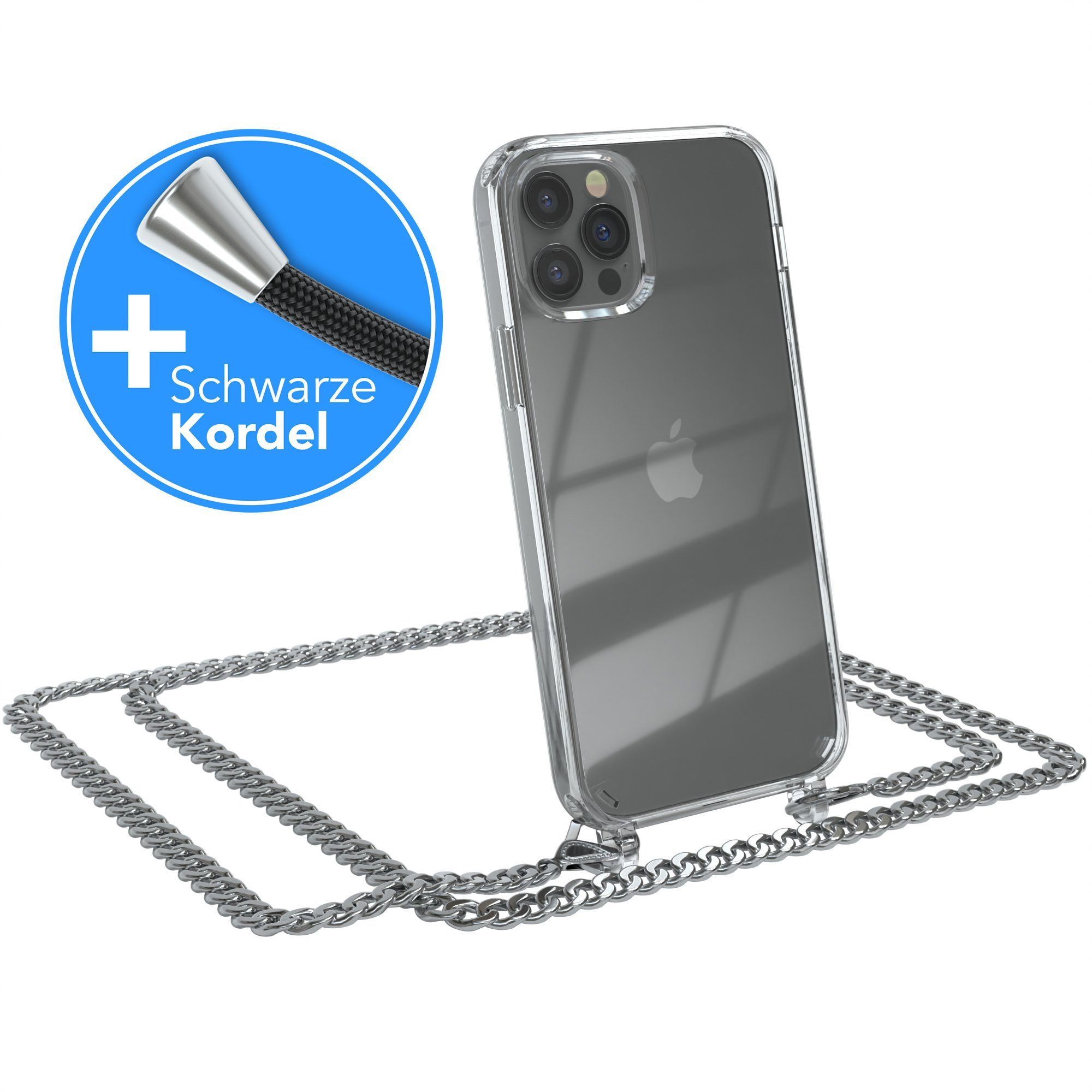 EAZY CASE Handykette 2in1 Metallkette für Apple iPhone 12 / 12 Pro 6,1 Zoll, Hülle mit Kette Metallkette Slimcover Handykette Umhängetasche Silber