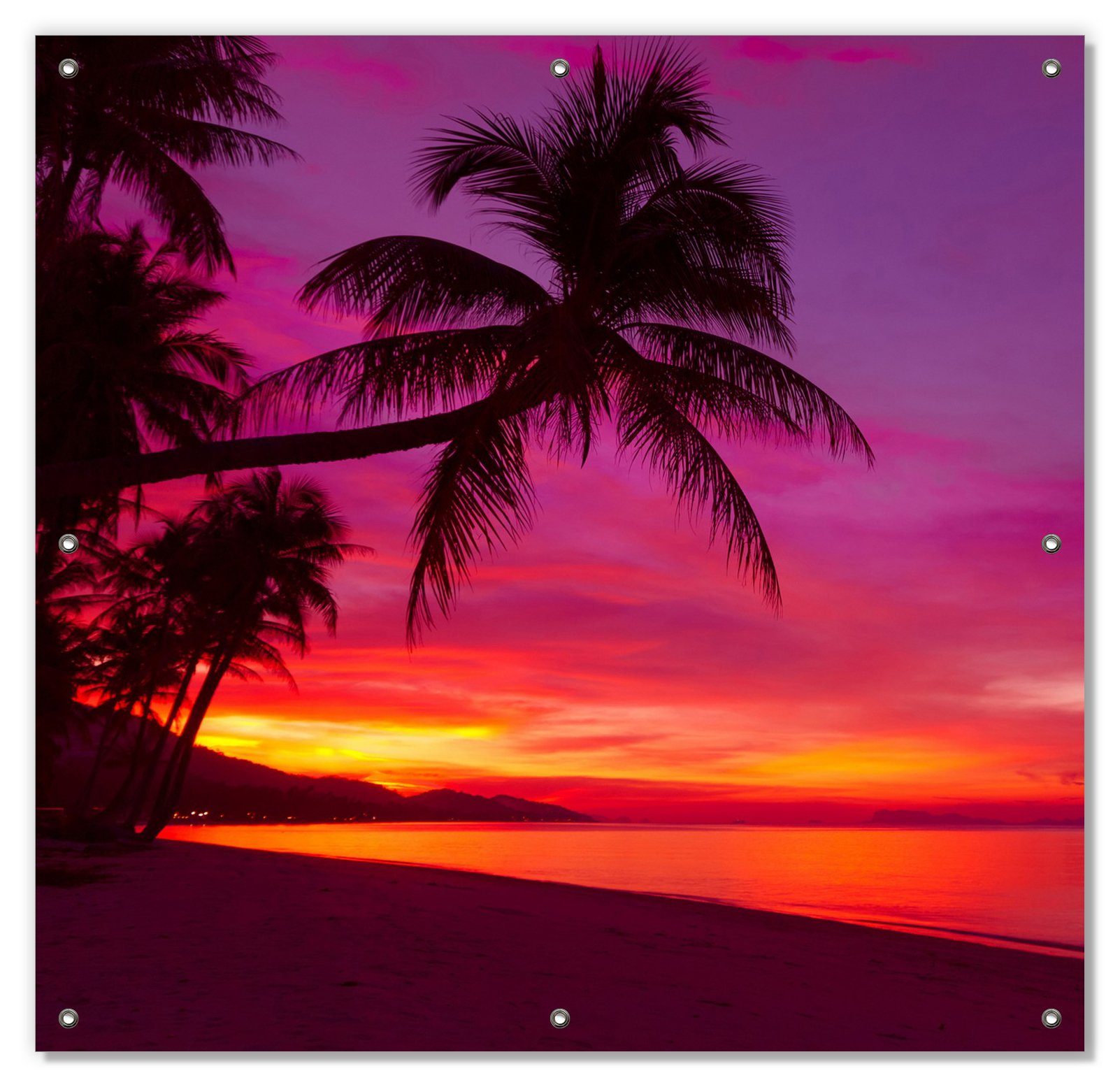 Sonnenschutz Abendrot unter Palmen pinker Strand, Saugnäpfen, Himmel mit Wallario, am wiederablösbar - blickdicht, und wiederverwendbar
