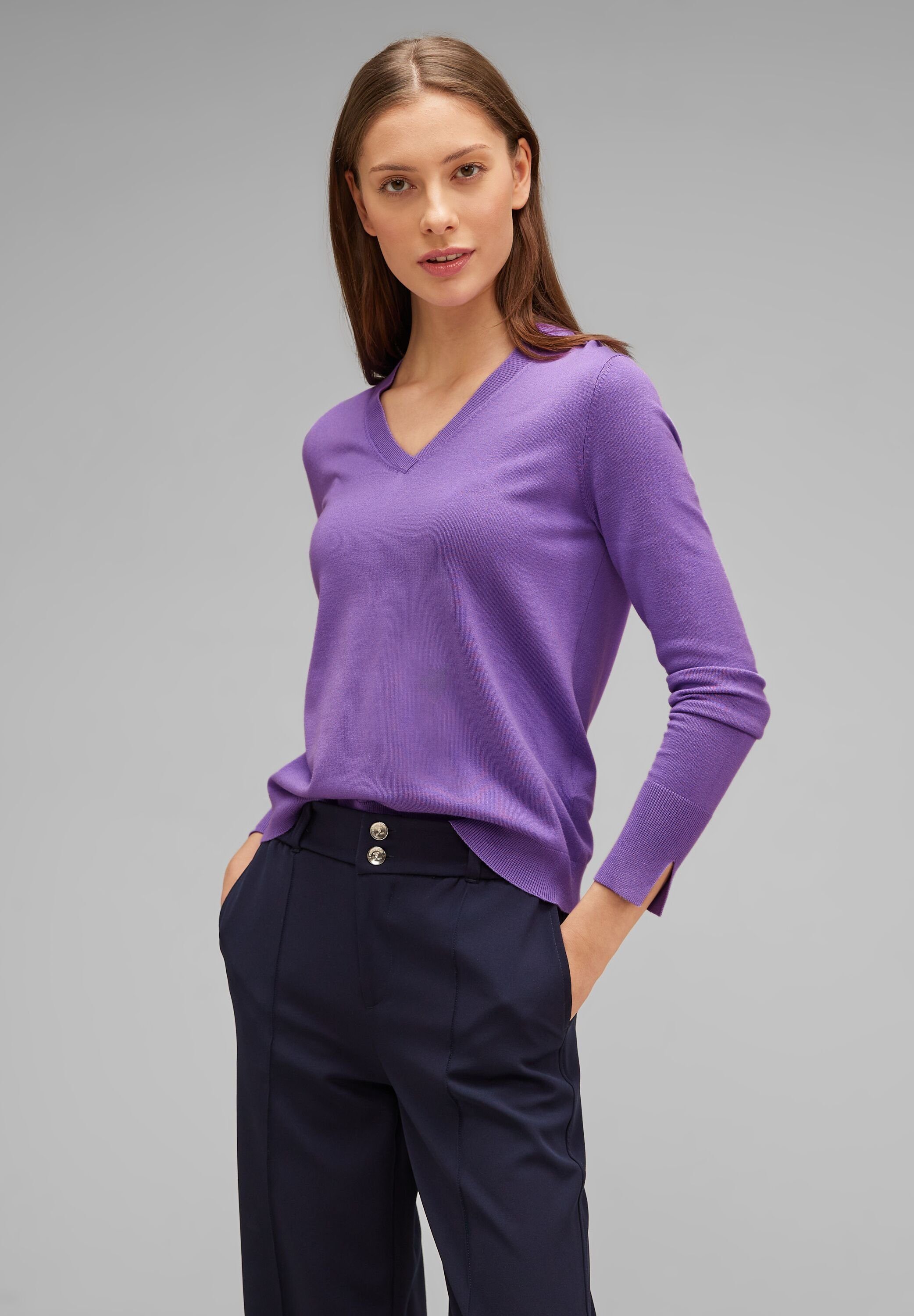 STREET ONE V-Ausschnitt-Pullover aus softem Materialmix lupine lilac