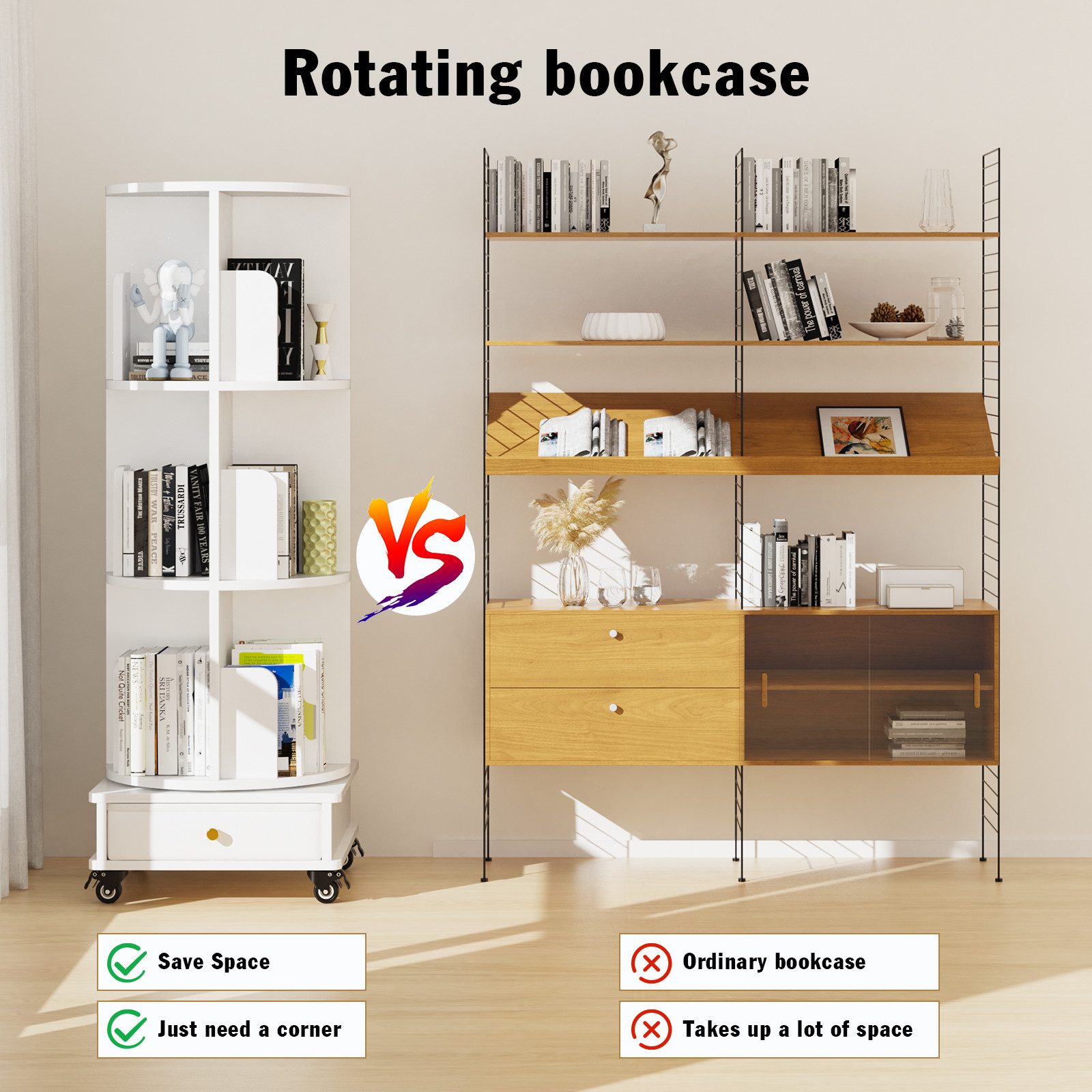 JEOBEST Bücherregal Drehbare Bücherregal, Standregal mit Schubladen, 1-tlg., 360° Rotating Bookshelf, mit Rollen – Bild 3 von 5