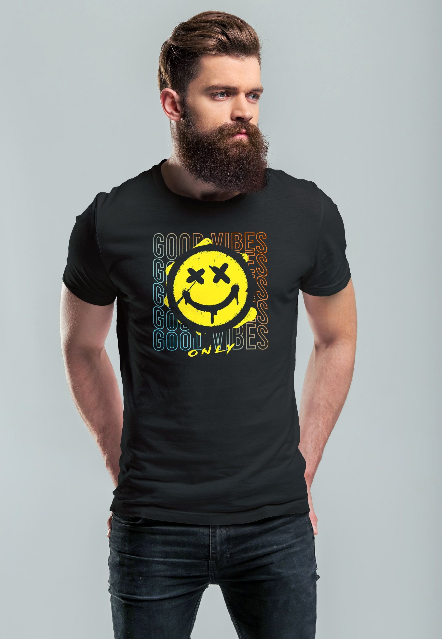 mit Good Bedruckt Aufdruck schwarz T-Shirt Face Smiling Herren Vibes Neverless Print Teachwe Print Print-Shirt
