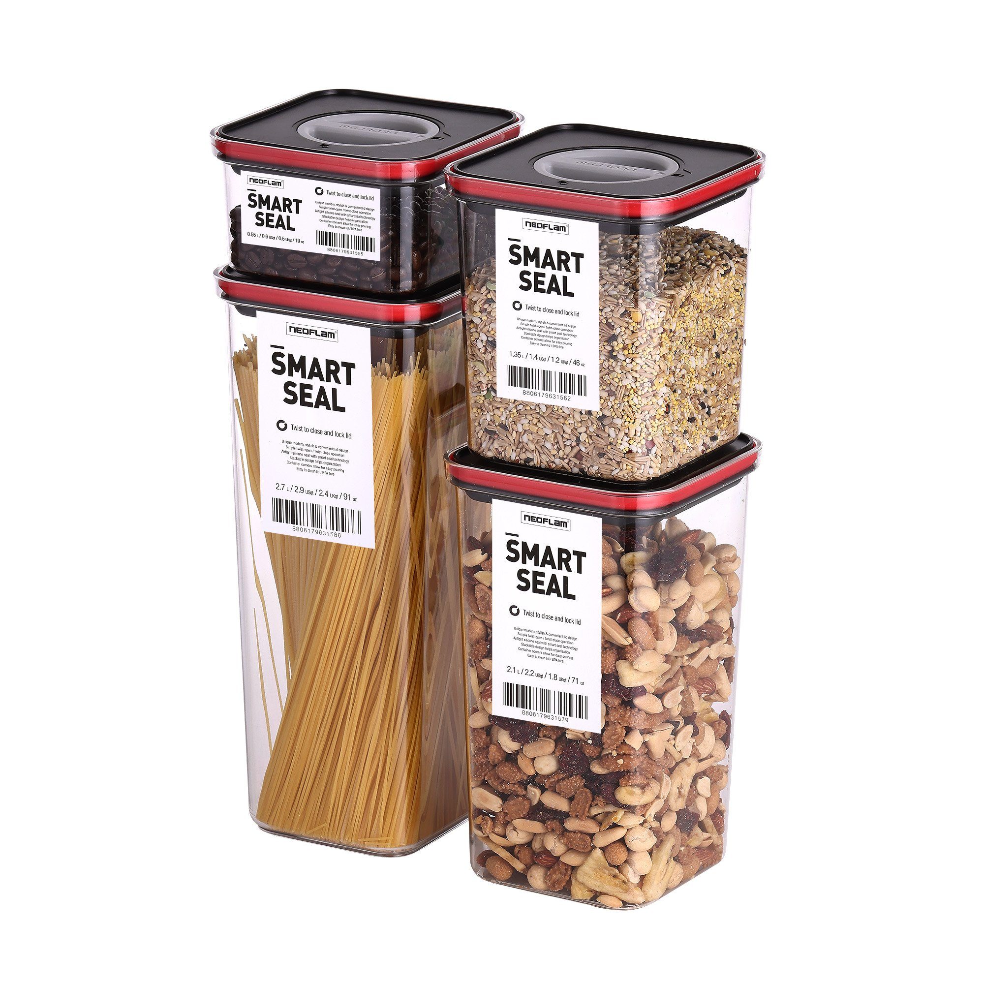 NEOFLAM® Vorratsdose Smart Seal Vorratsbehälter Set 4tlg. - Gr. S, M, L, XL - Rot, Kunststoff (AS & PP), Silikon, (4-tlg)
