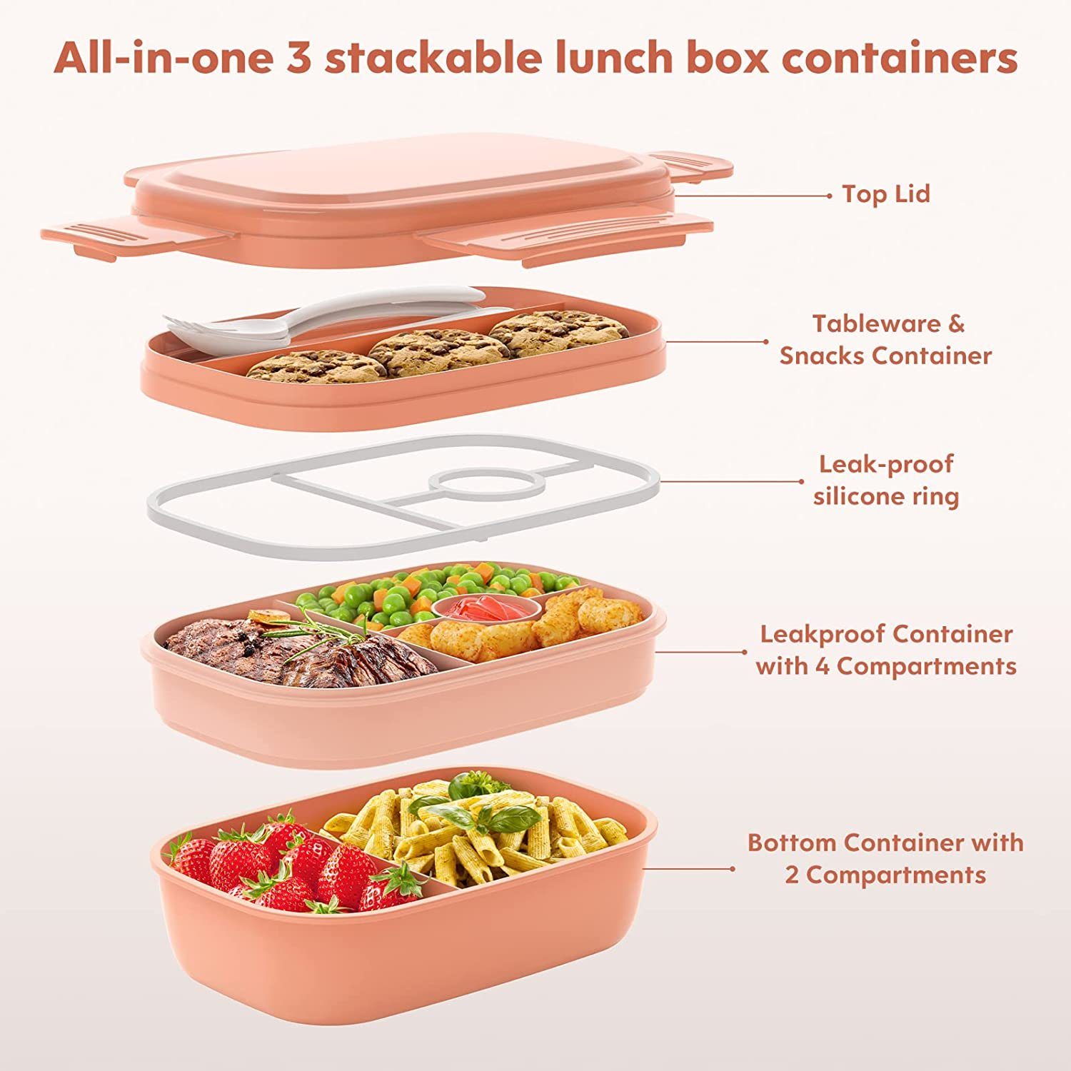 Welikera Lunchbox Lunchbox, 3 stapelbare Bento-Lunchbehälter Rosa für Erwachsene, Bento-Box