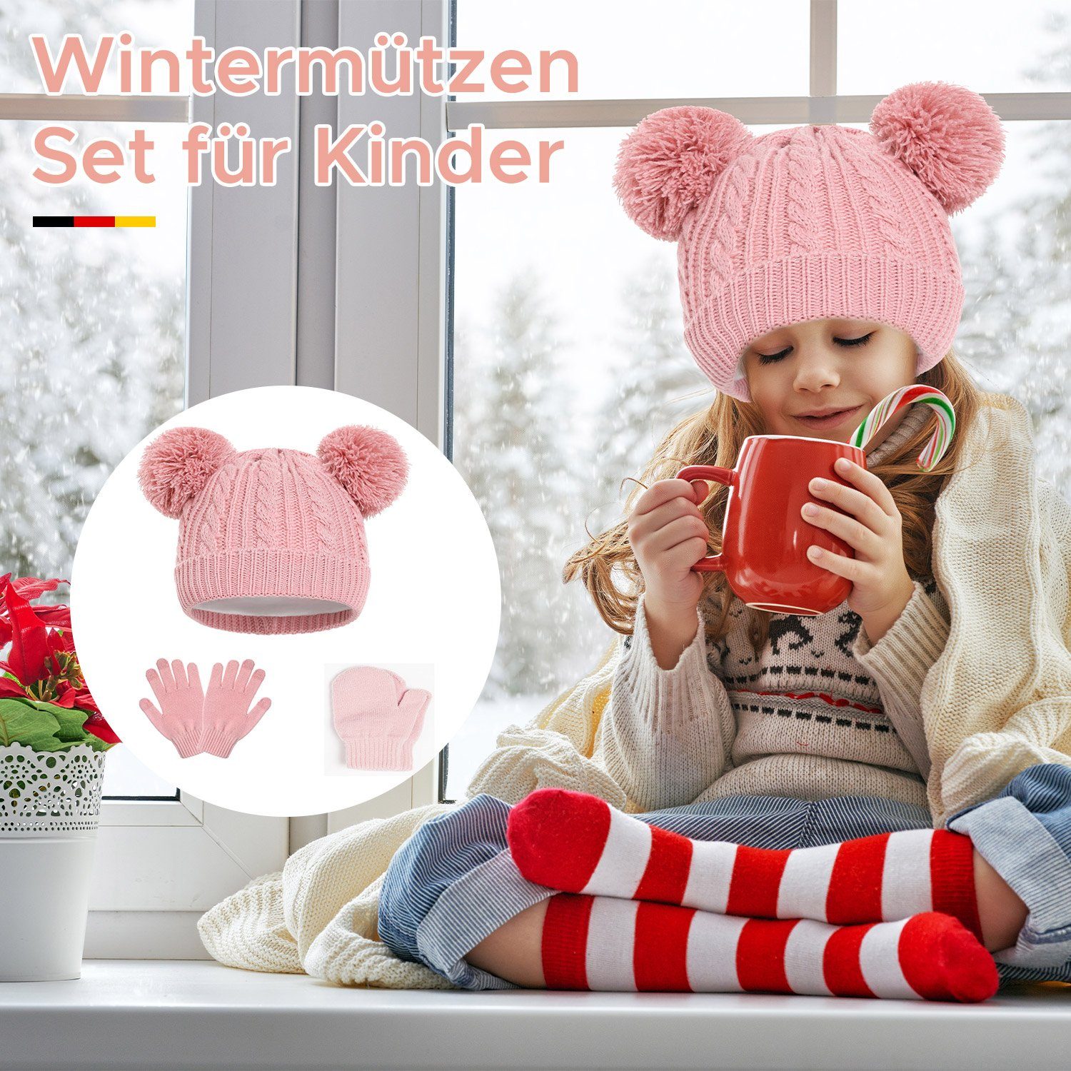 Mit Kinder von für MAGICSHE Mütze Wintermütze Alter rosa Wollfutter 1-5 Bommelmütze & Handschuhe im