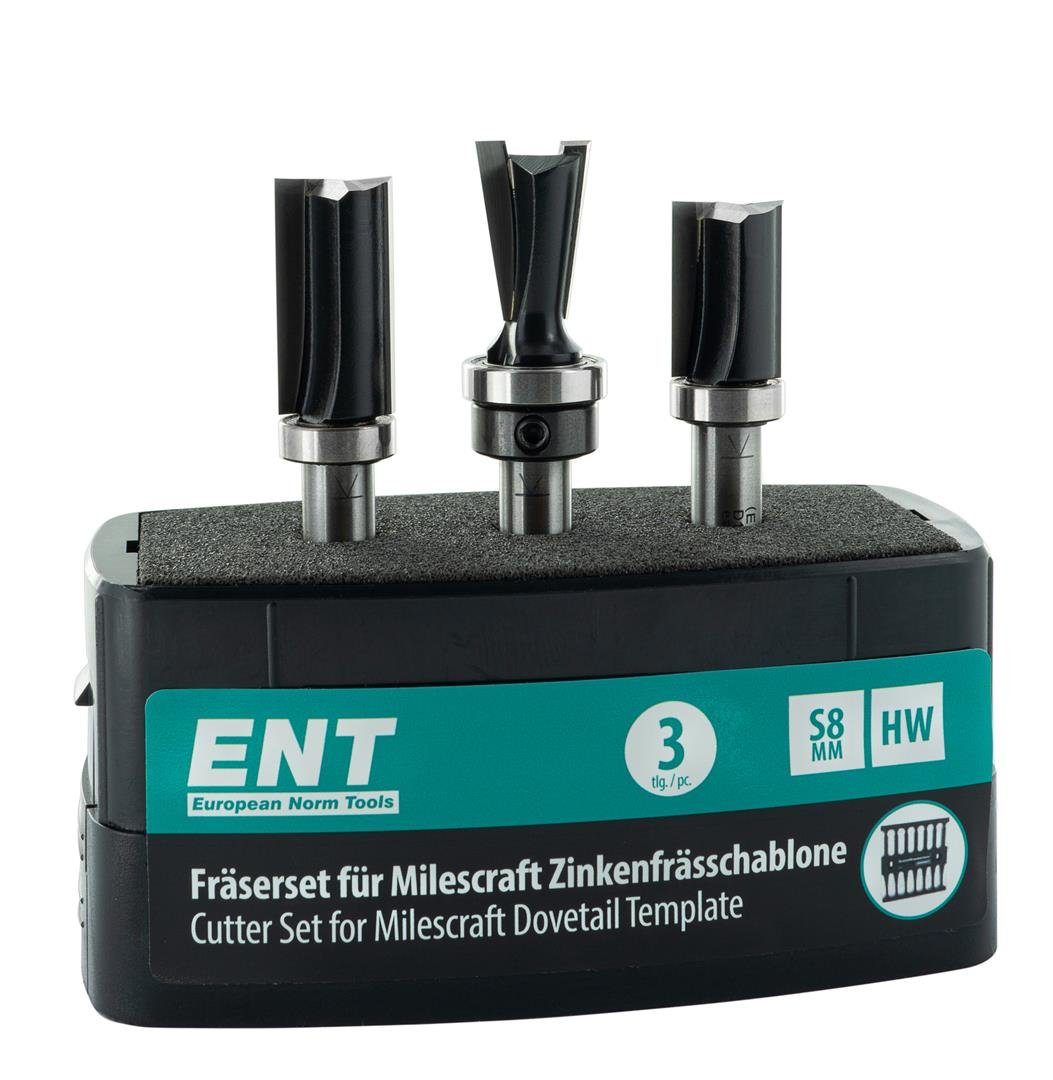 ENT European Norm Tools Fräsbohrer 09049 3-tlg. Fräser-Set, (Fräserset), für Zinkenschablonen wie Milescraft - Schaft Ø 8 mm, Hartmetall