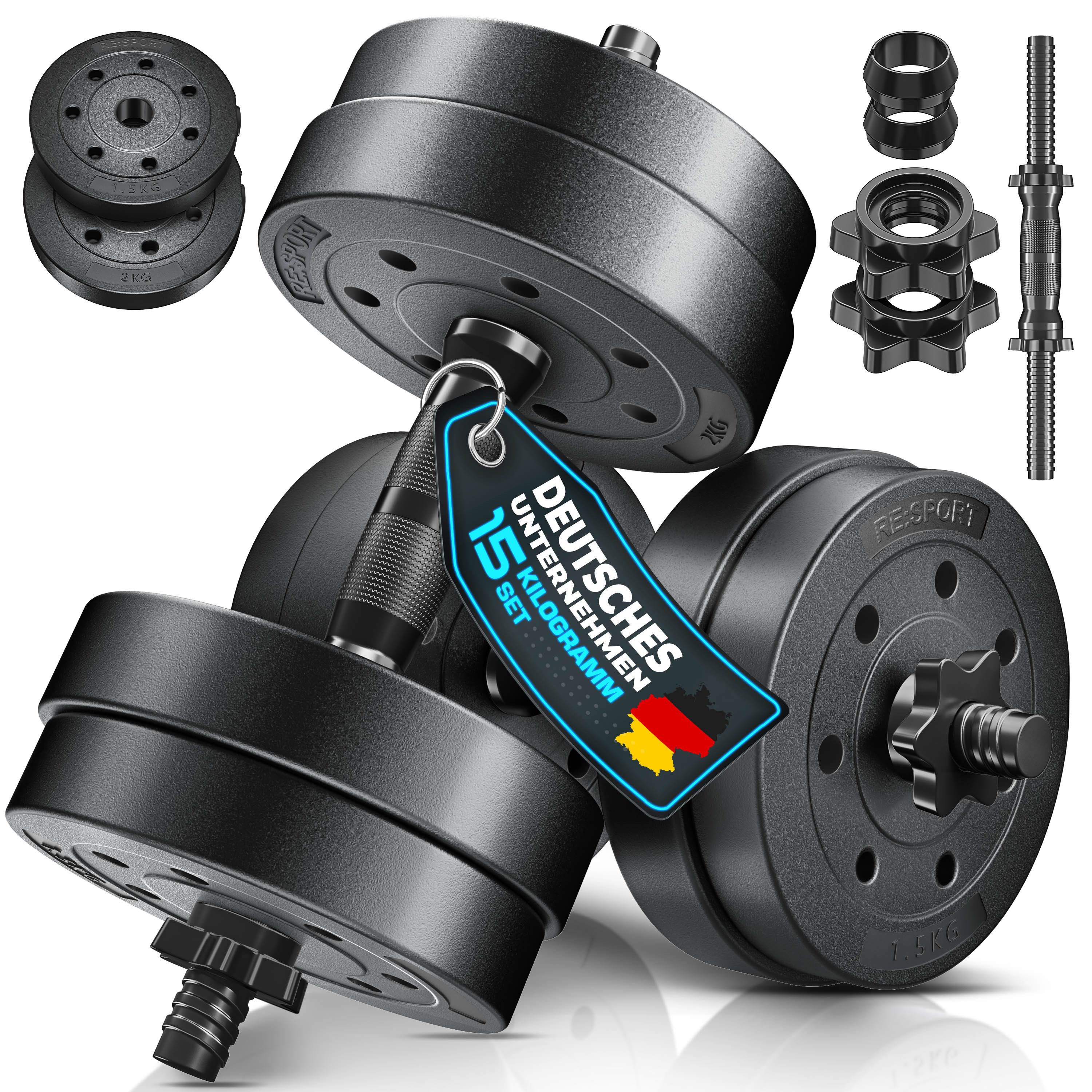 RE:SPORT Hantel RE:SPORT® Kurzhantel Set 15 - 40 kg Hantelset Hantel Krafttraining, (für Muskelaufbau, Workout & Zuhause, mit Gewichten & 4 Sternverschlüsse Fitness Kurzhantel), Hanteln Set verstellbar mit 2 Kurzhanteln Hantel