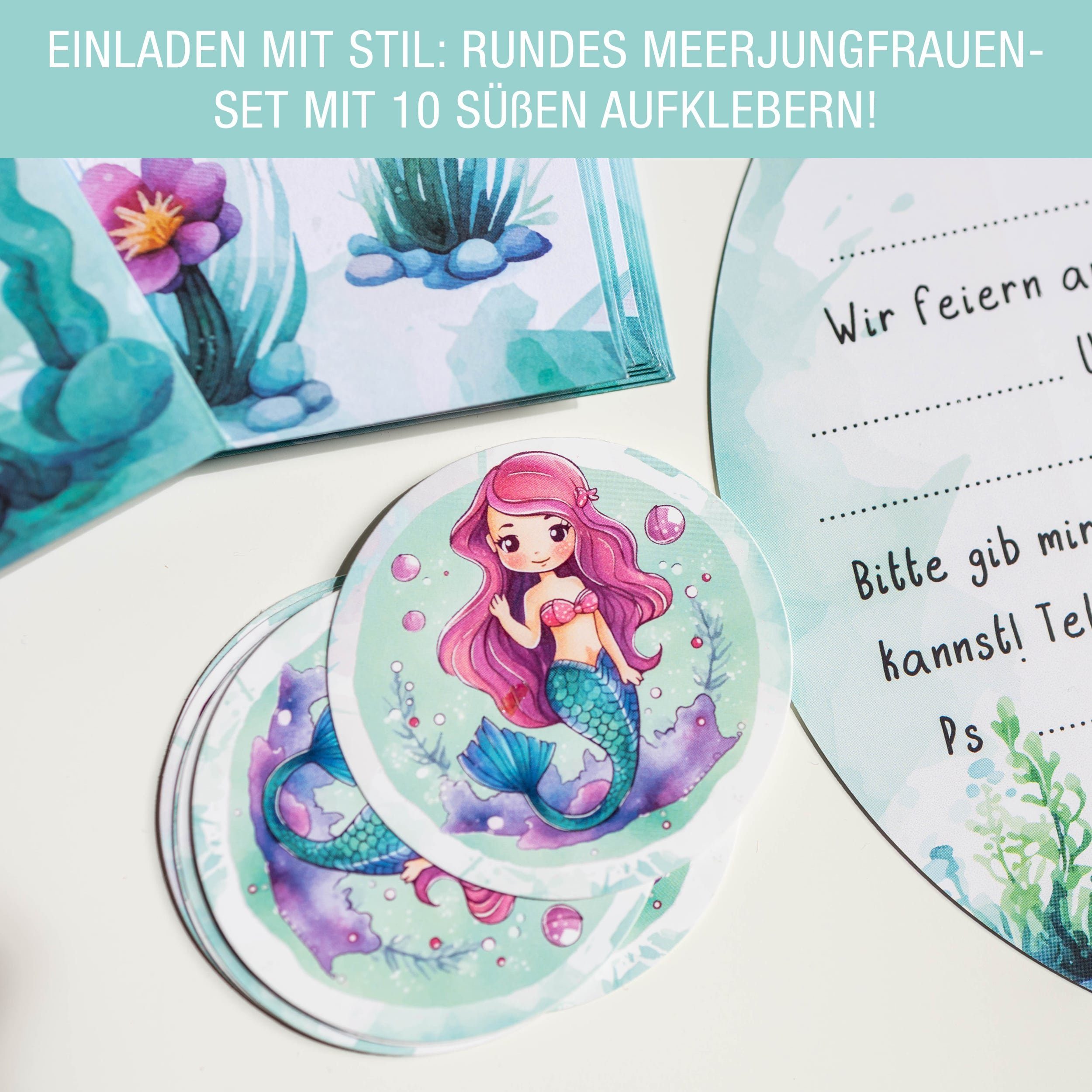 inkl Einladung Kindergeburtstag Meerjungfrau Geburtstag Sticker, Runde TOBJA Grußkarte Mädchen Kinder XXL Umschläge & Einladungskarten