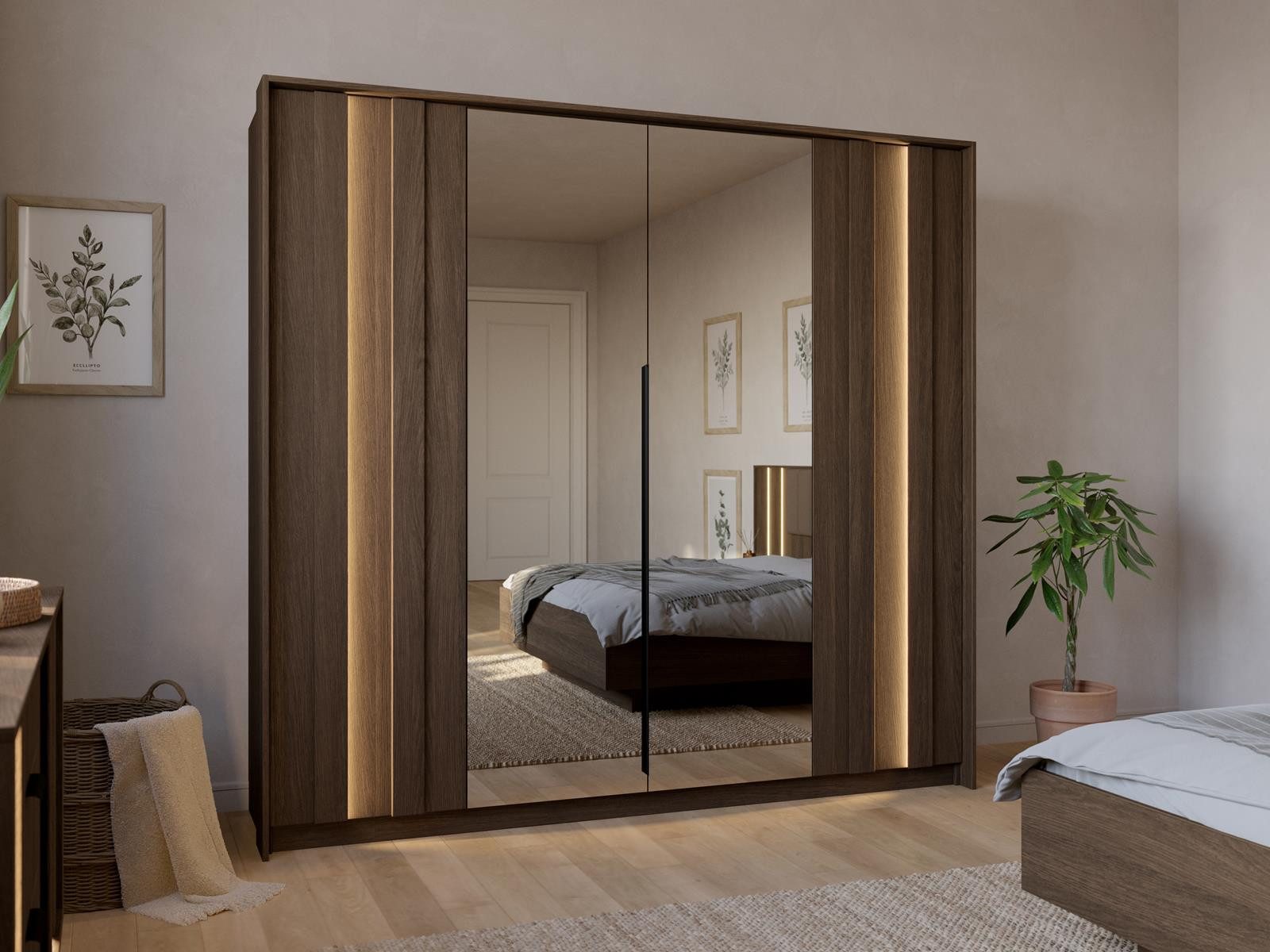 Compleo Drehtürenschrank 223 cm breit, Kleiderschrank mit 4 Türen, Japandi Design Minimalistische LED-Beleuchtung