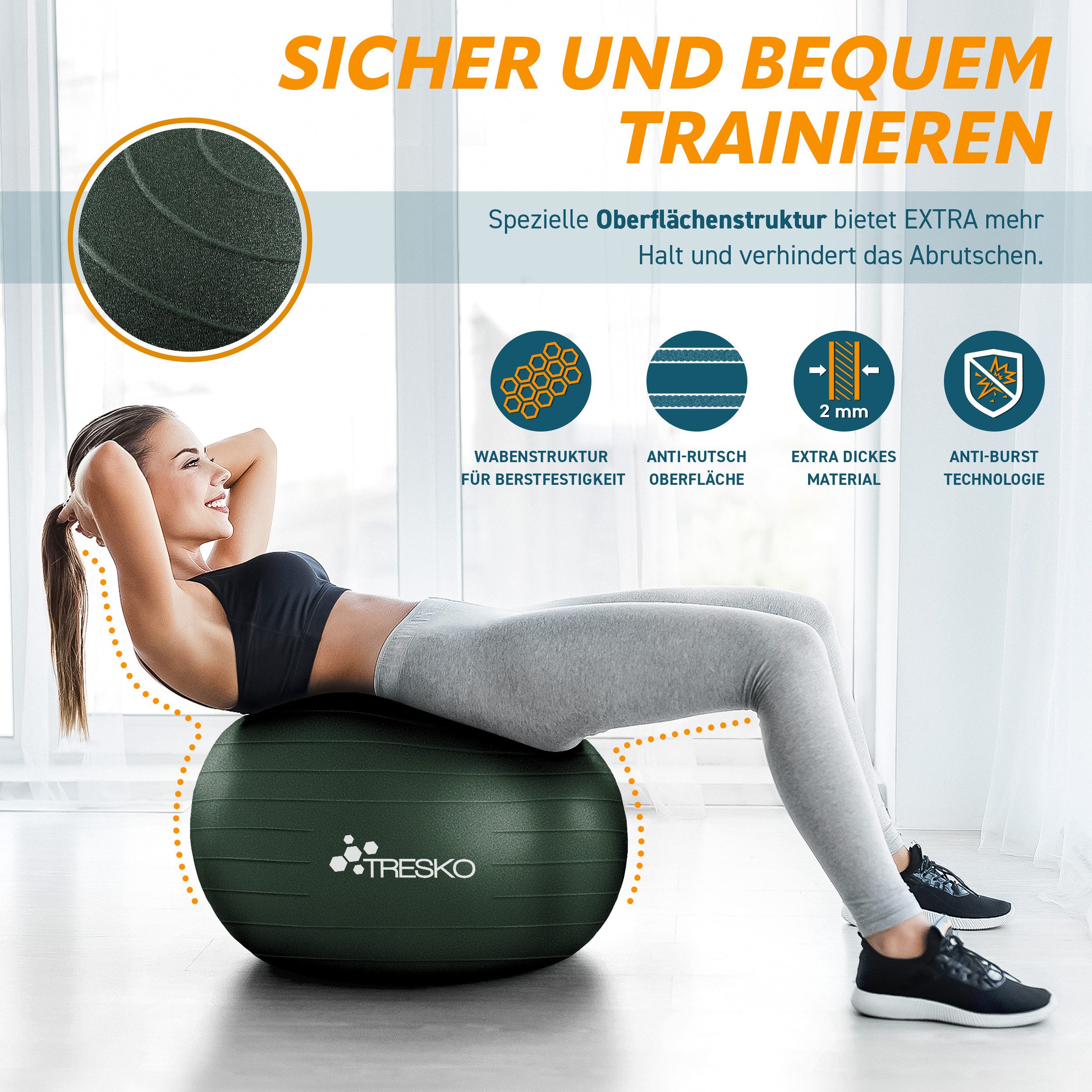 TRESKO Gymnastikball mit GRATIS Übungsposter inkl. Luftpumpe Yogaball, BPA-Frei Sitzball Büro Anti-Burst inkl. Luftpumpe, Fitnessball