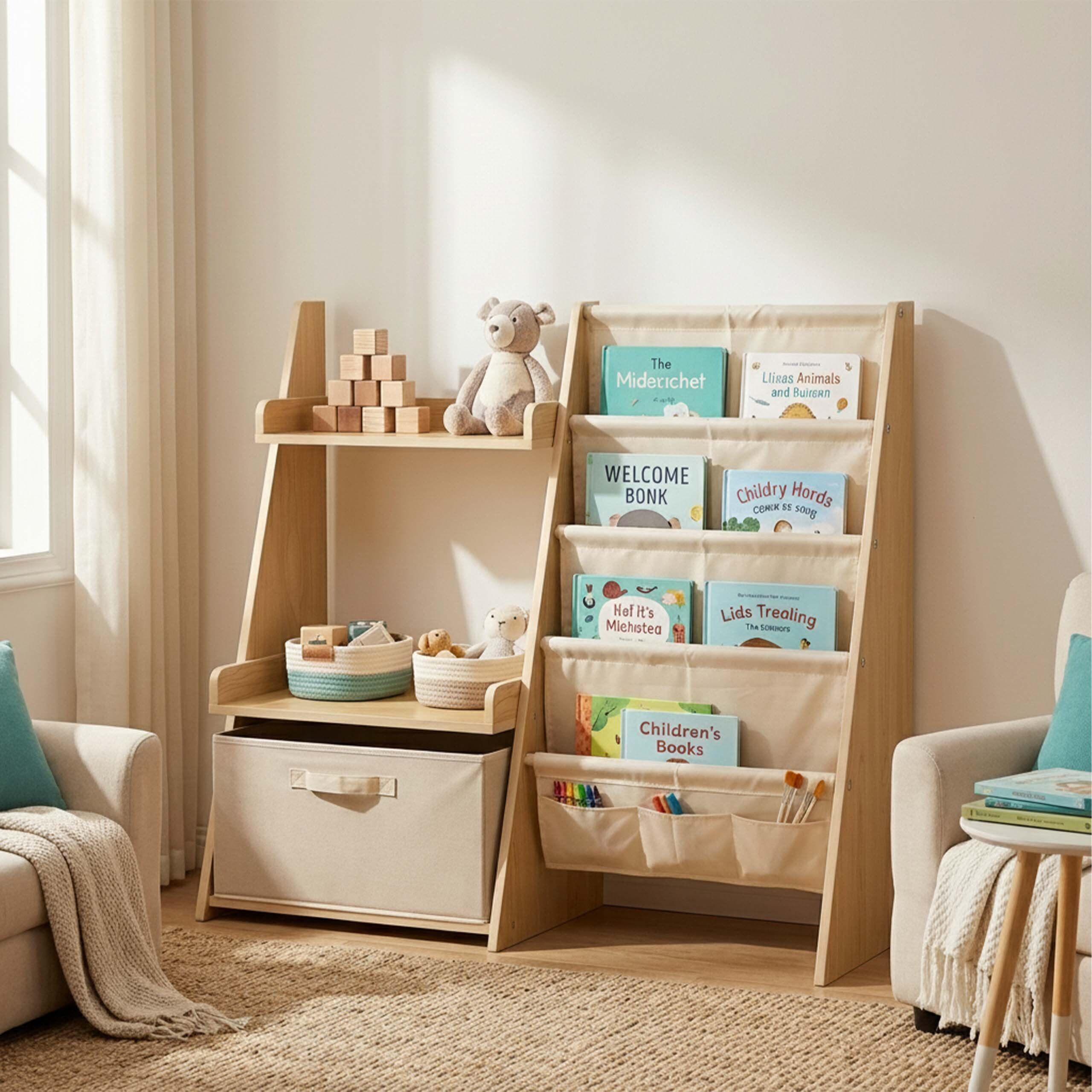 relaxdays Kinderregal Bücherregal Kinder Stofftaschen & Box, 1-tlg. – Bild 5 von 5