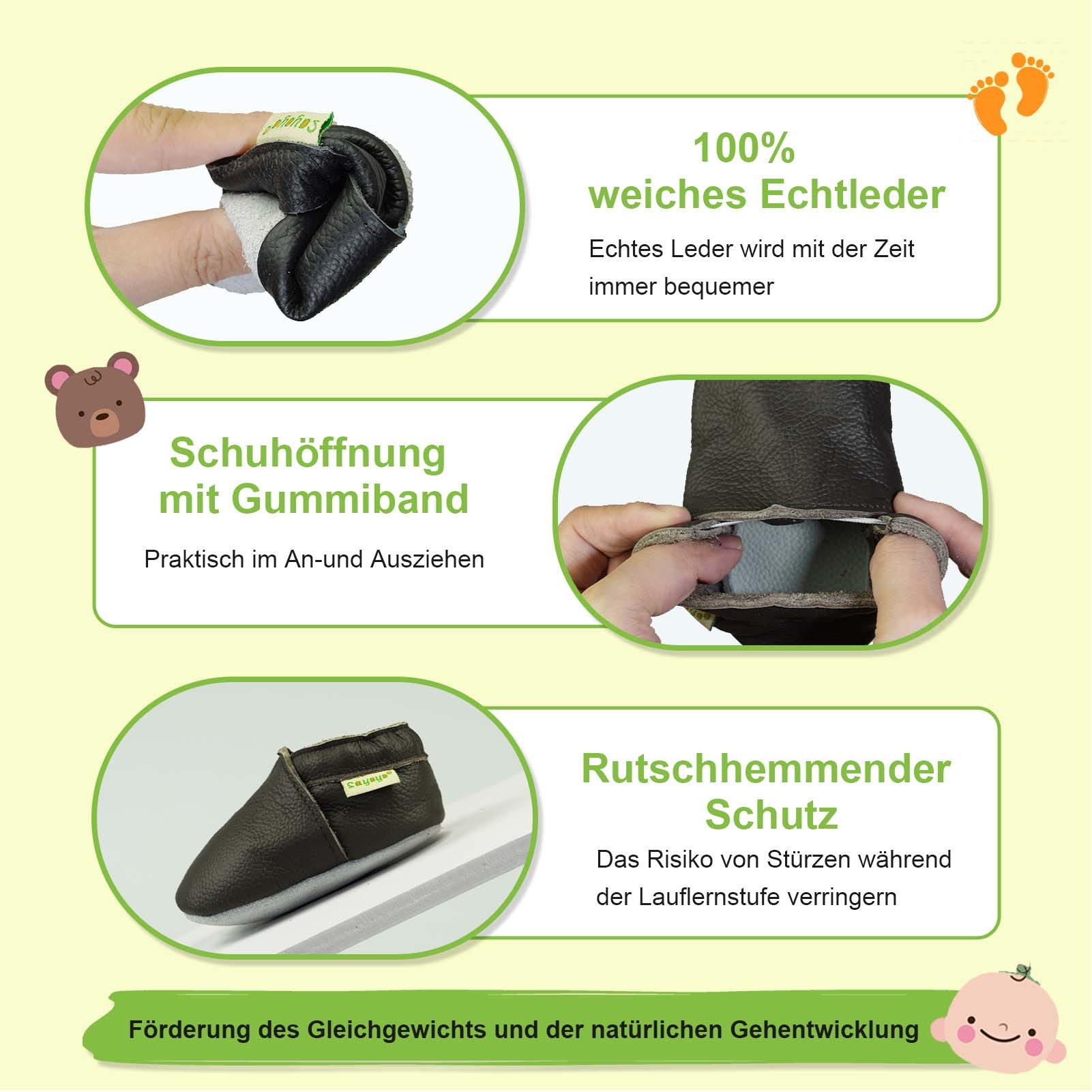 Sayoyo Weiche Leder Lauflernschuhe Hausschuhe Lederpuschen Erdiges Braun Lauflernschuh (Handgenäht, weiche, leichte, flexible, rutschfest) 100 % echtes Leder