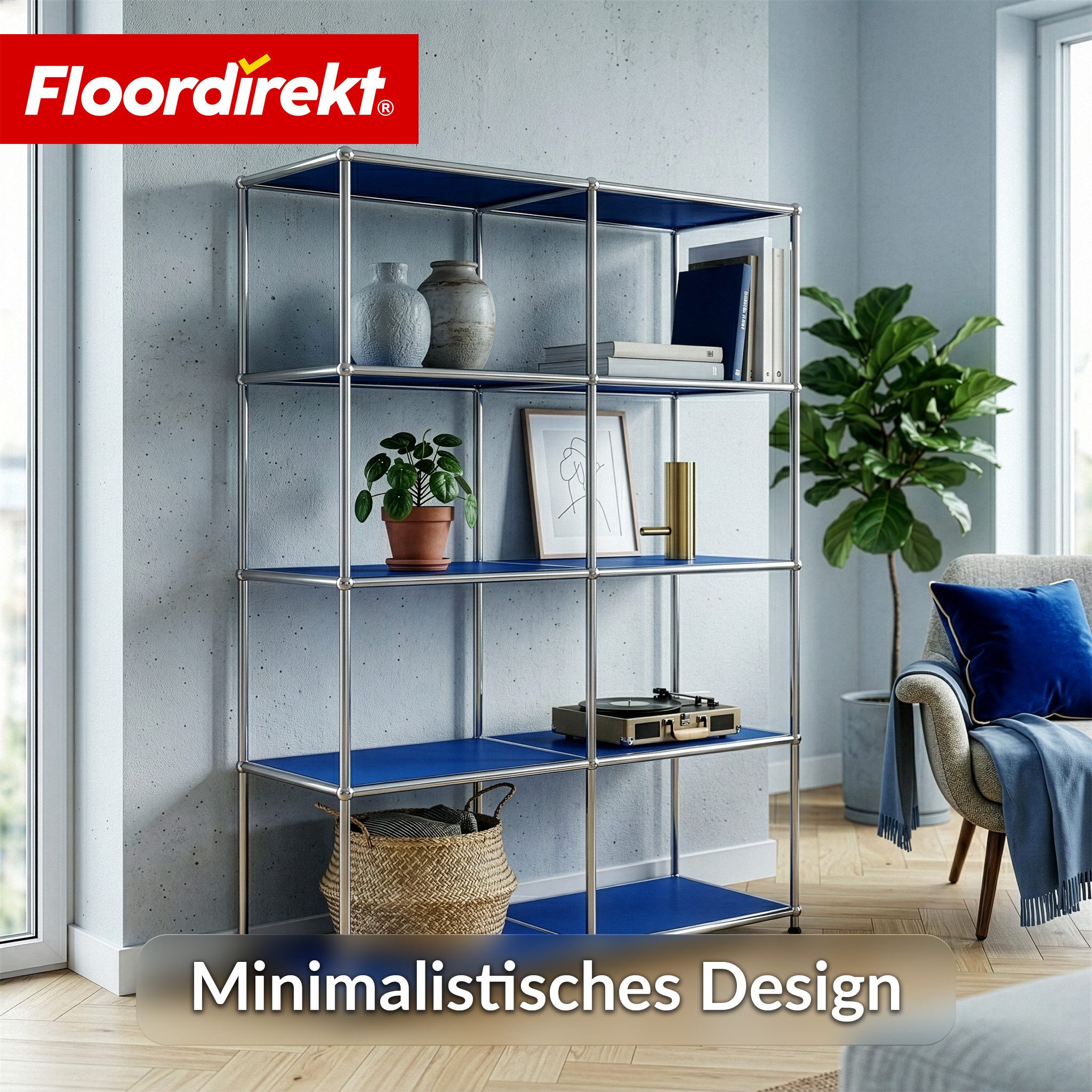 Floordirekt Bücherregal Standregal Concept Epure MK-015 Raumteiler, verchromtes Metallgestell, höhenverstellbare Kunststofffüße, 5 Ablagen, B78×T40×H118 cm