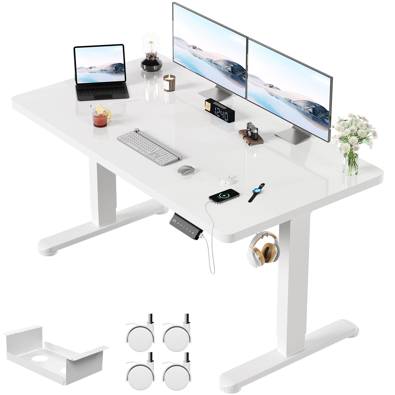 HOMALL Schreibtisch Höhenverstellbarer Elektrisch mit 25mm starker einteiliger Tischplatte (Ausgestattet mit zwei Motoren und doppelten Verstärkungsstreben, trägt er über 100 kg und lässt sich nach oben und unten sowie nach links und rechts verstellen)